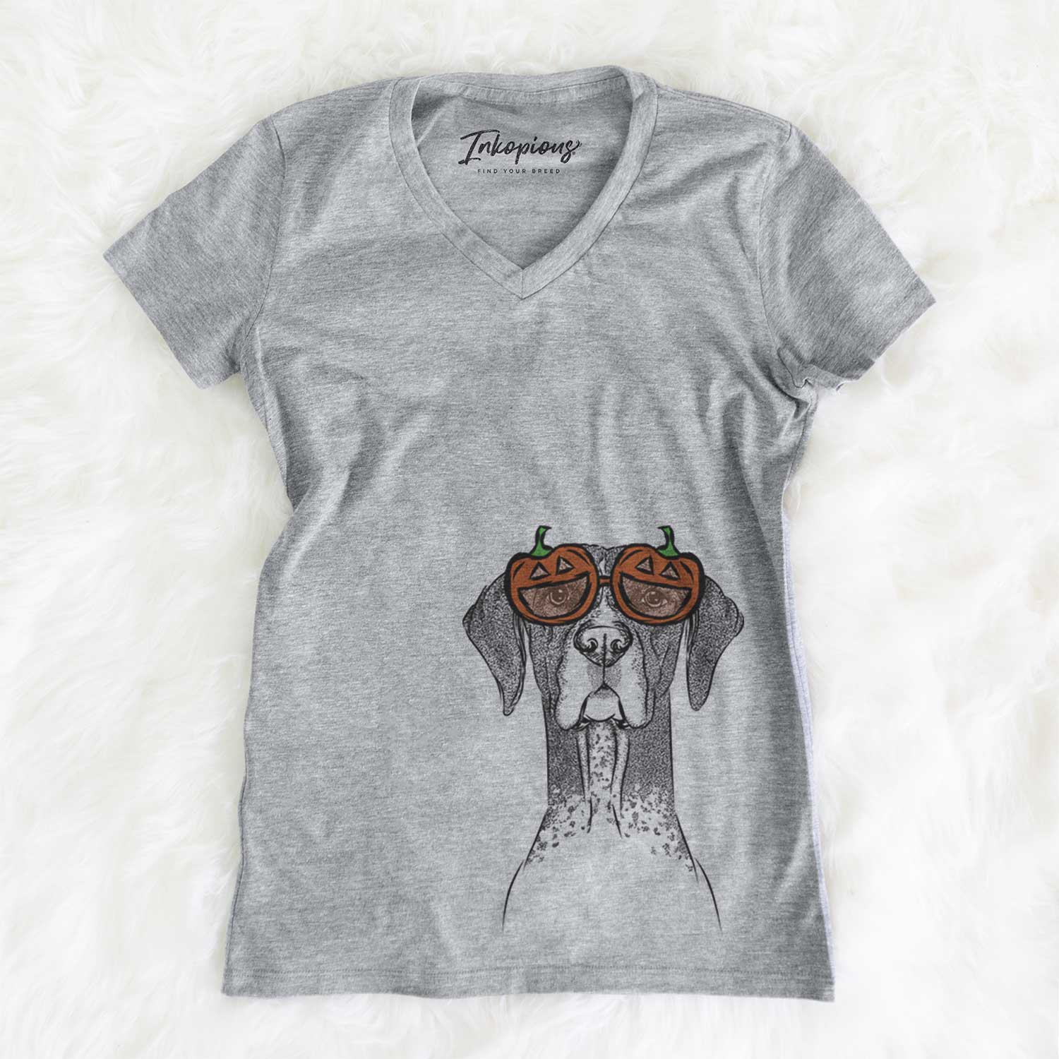 Hand-drawn sketch of Mattis the German Shorthaired Pointer wearing pumpkin glasses on a Grey pumpkin collection