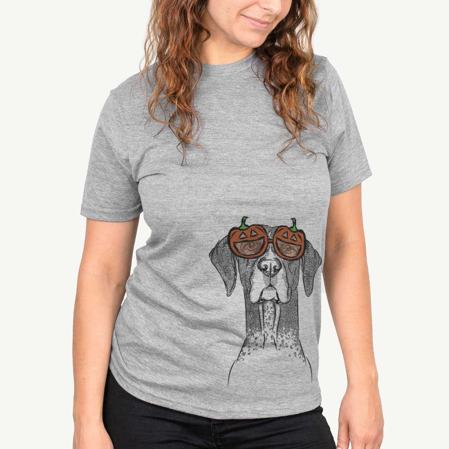 Hand-drawn sketch of Mattis the German Shorthaired Pointer wearing pumpkin glasses on a Grey pumpkin collection