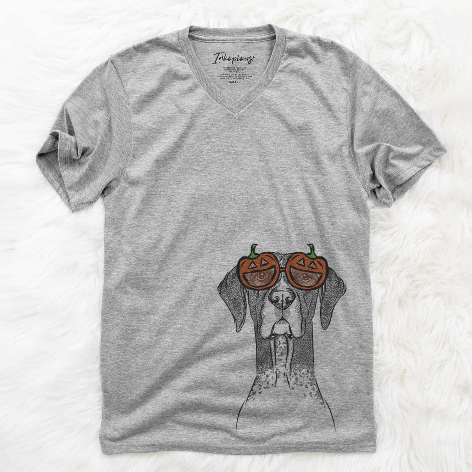 Hand-drawn sketch of Mattis the German Shorthaired Pointer wearing pumpkin glasses on a Grey pumpkin collection