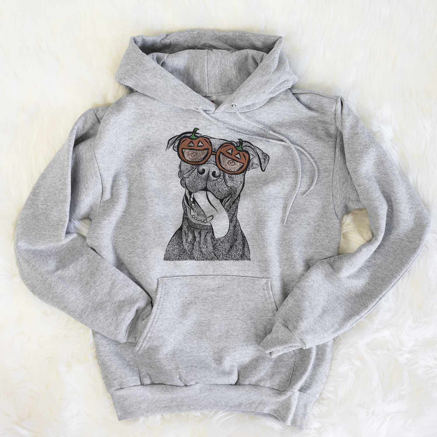 Hand-drawn sketch of Mikey the Boxador wearing pumpkin glasses on a Grey pumpkin collection, flat lay