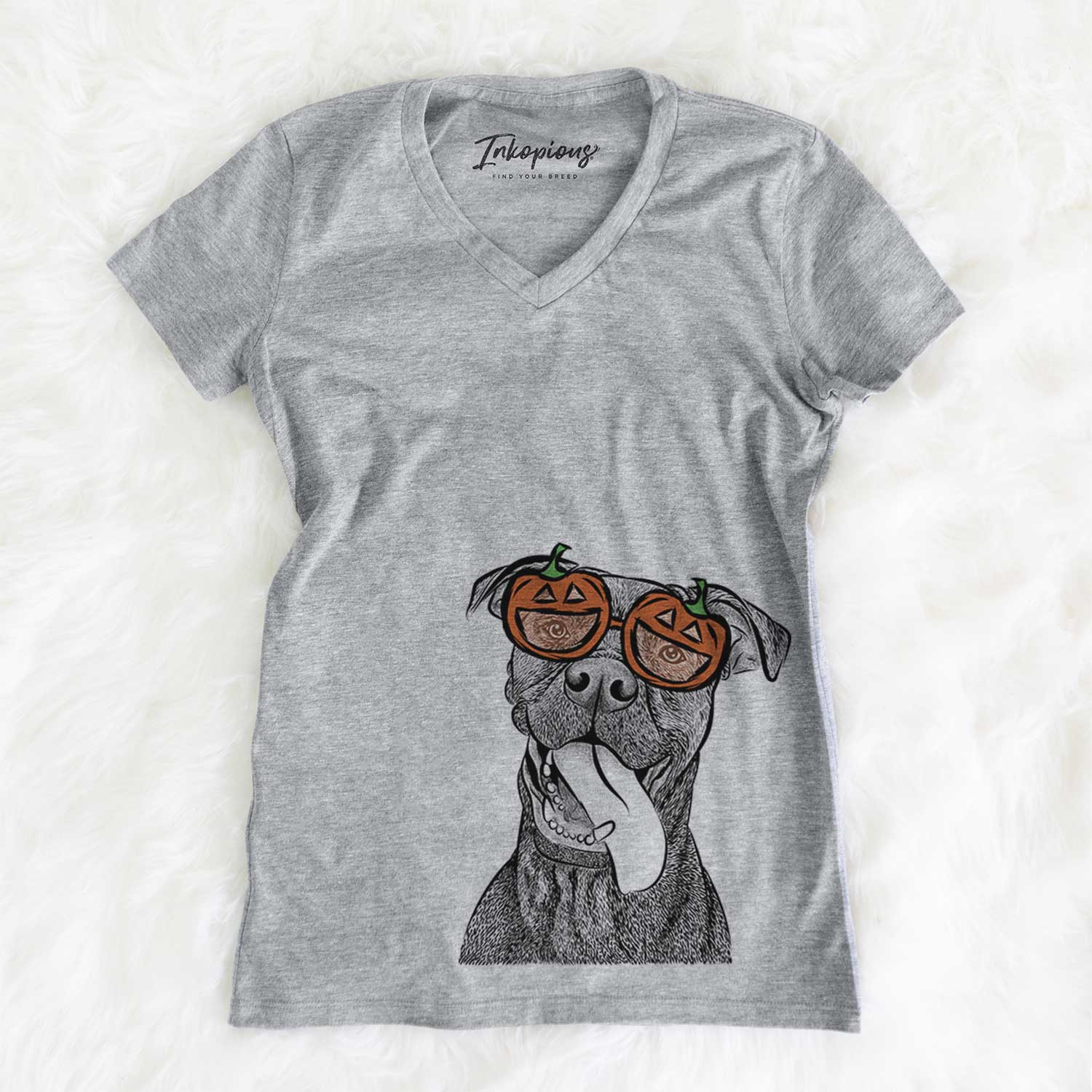 Hand-drawn sketch of Mikey the Boxador wearing pumpkin glasses on a Grey pumpkin collection