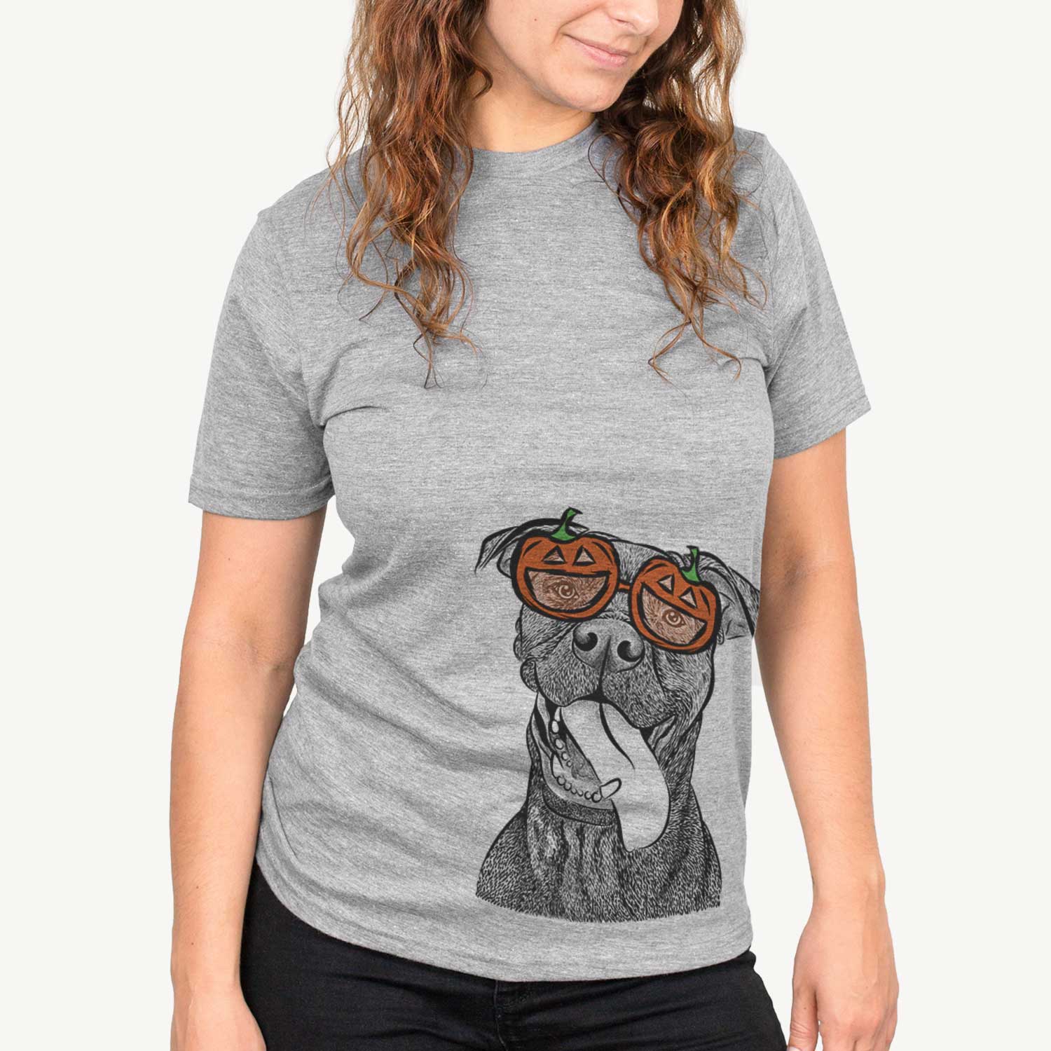 Hand-drawn sketch of Mikey the Boxador wearing pumpkin glasses on a Grey pumpkin collection