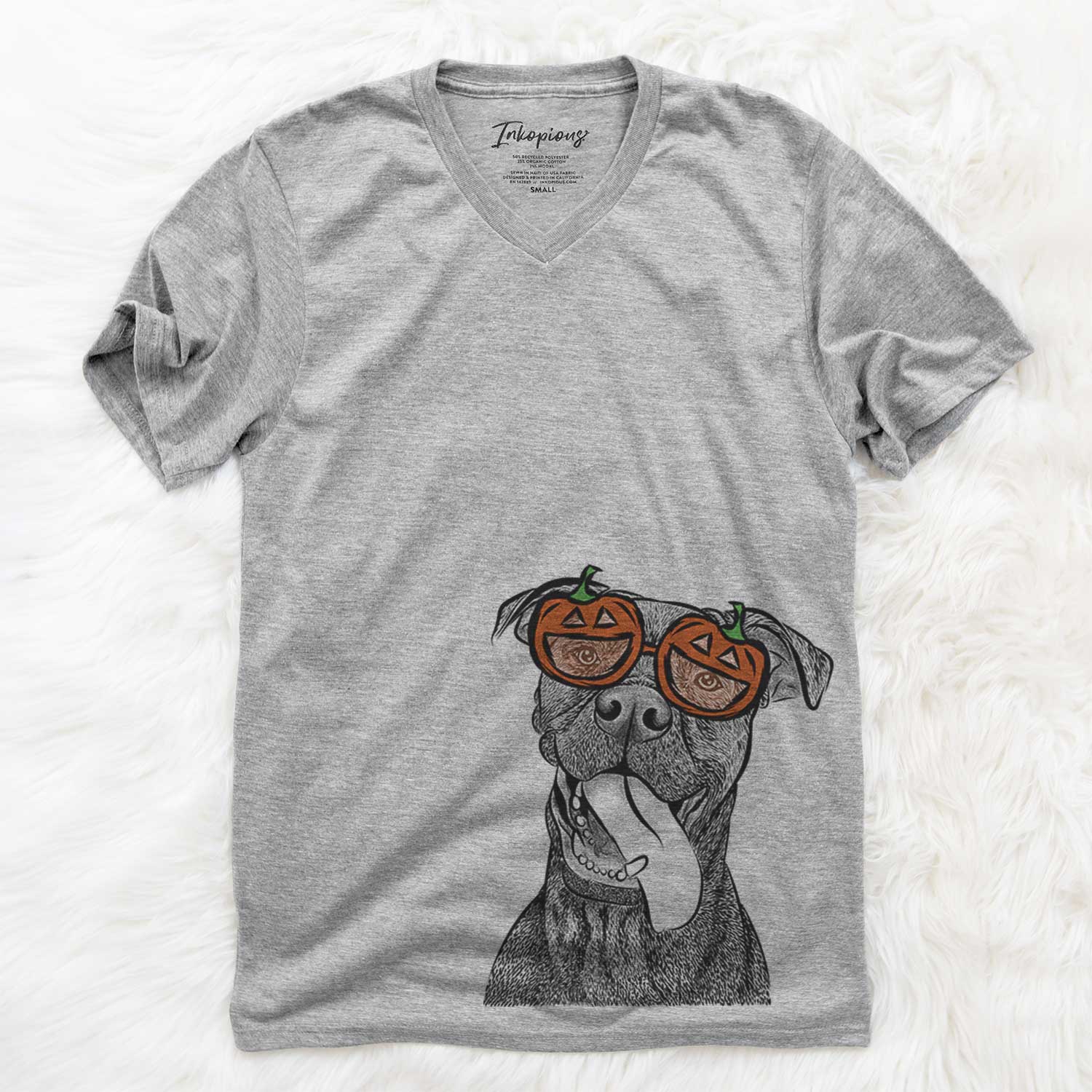 Hand-drawn sketch of Mikey the Boxador wearing pumpkin glasses on a Grey pumpkin collection