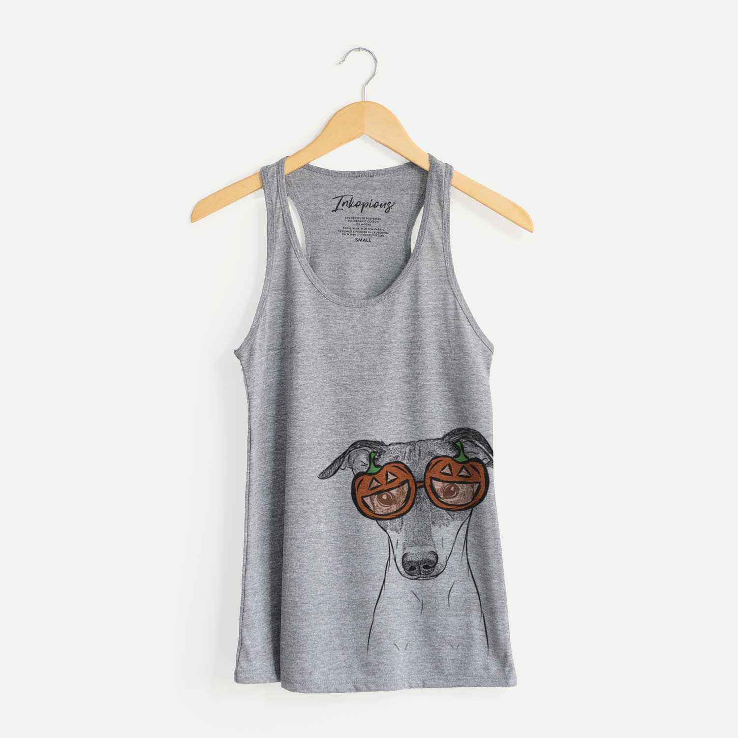 Hand-drawn sketch of Momo the Japanese Terrier wearing pumpkin glasses on a Grey pumpkin collection