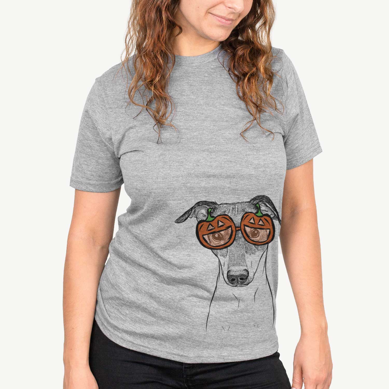 Hand-drawn sketch of Momo the Japanese Terrier wearing pumpkin glasses on a Grey pumpkin collection