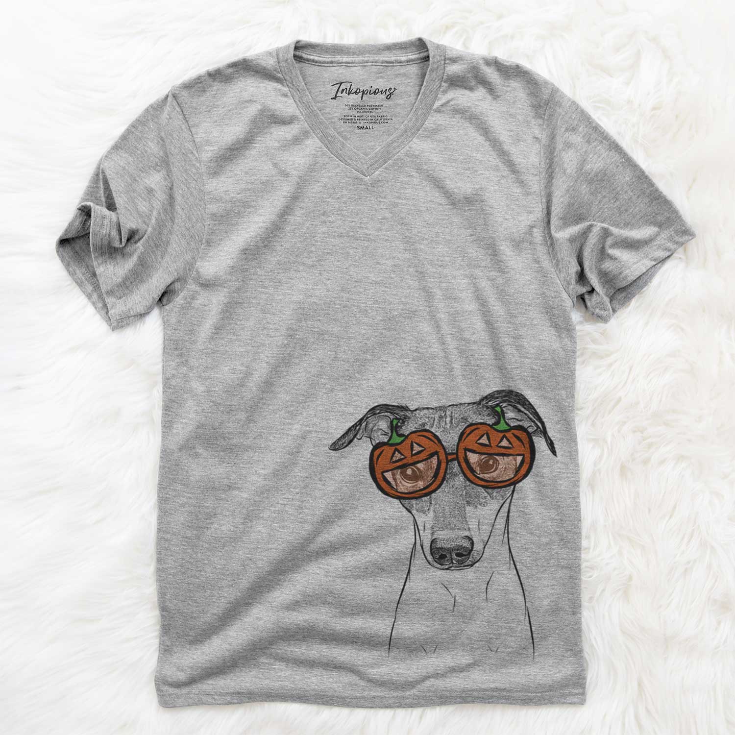 Hand-drawn sketch of Momo the Japanese Terrier wearing pumpkin glasses on a Grey pumpkin collection