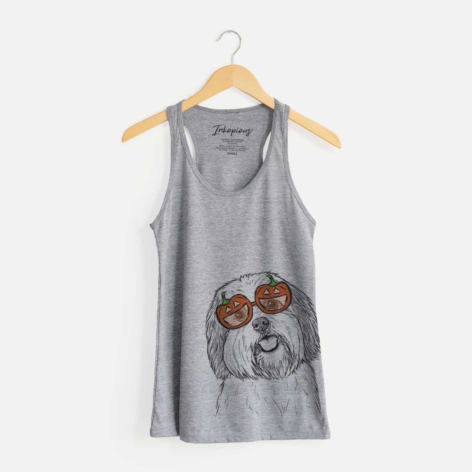 Hand-drawn sketch of Nikka the Lowchen wearing pumpkin glasses on a Grey pumpkin collection