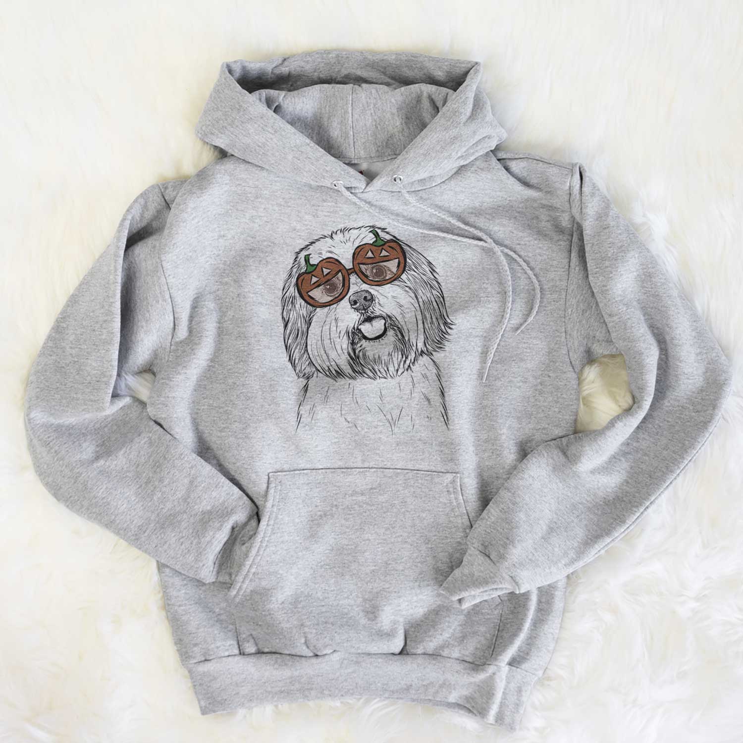 Hand-drawn sketch of Nikka the Lowchen wearing pumpkin glasses on a Grey pumpkin collection, flat lay