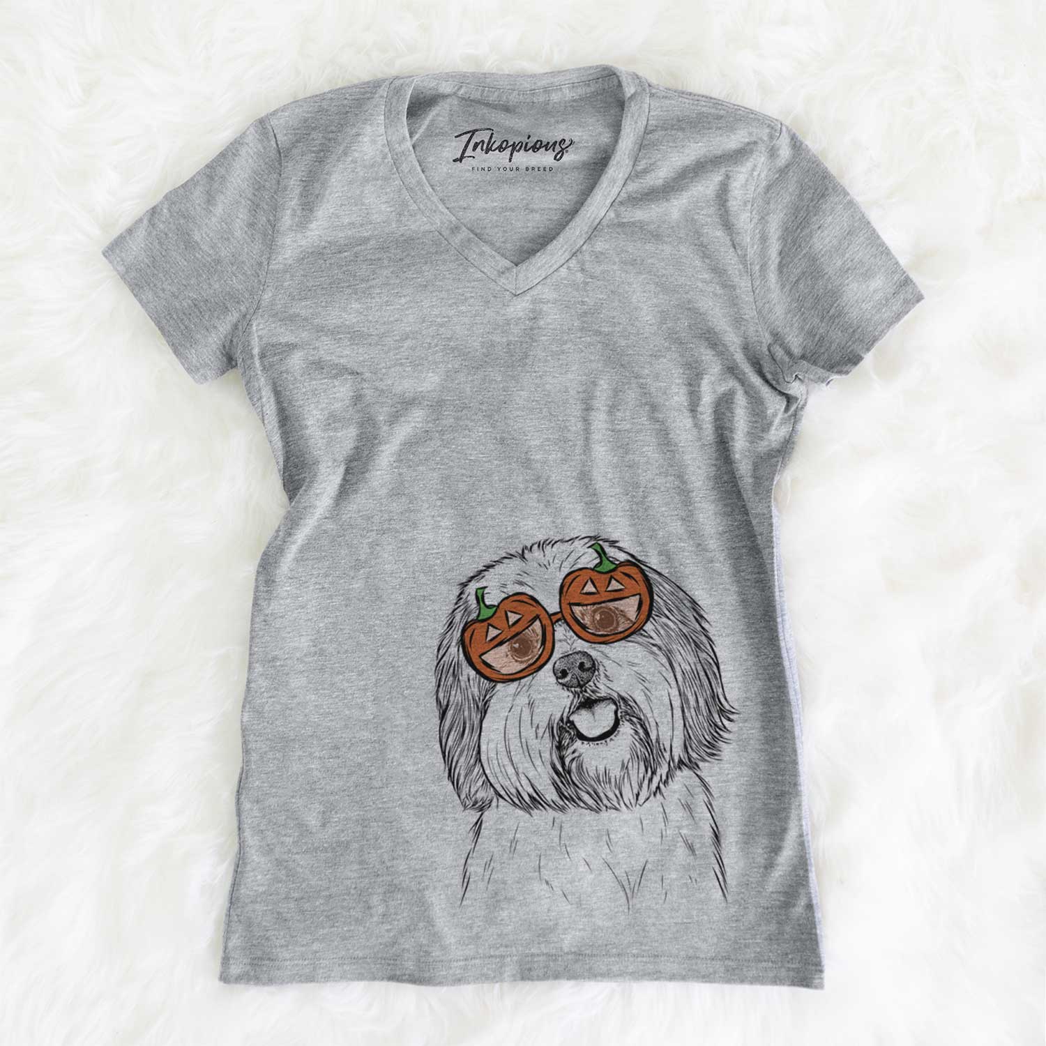 Hand-drawn sketch of Nikka the Lowchen wearing pumpkin glasses on a Grey pumpkin collection