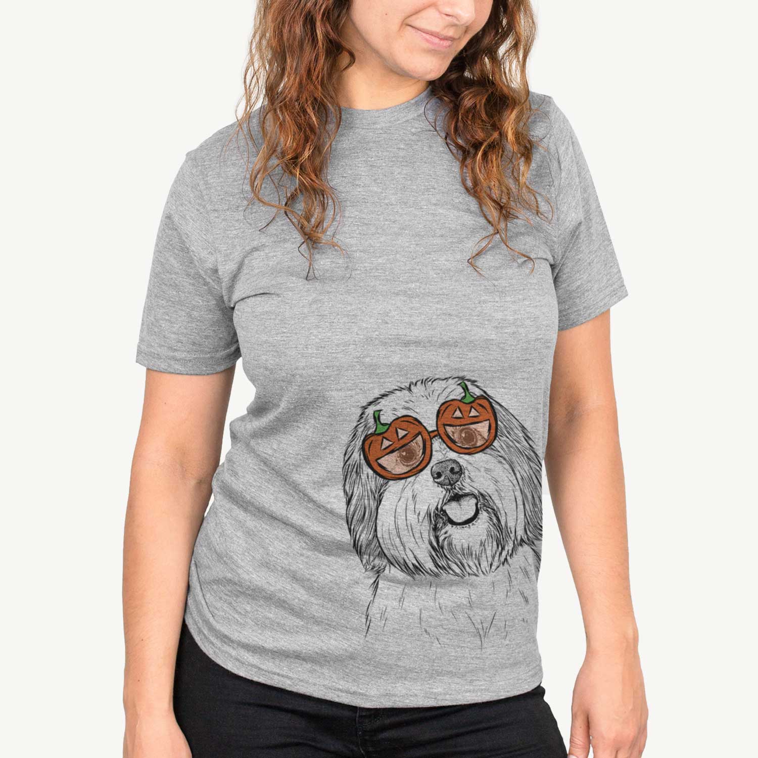 Hand-drawn sketch of Nikka the Lowchen wearing pumpkin glasses on a Grey pumpkin collection
