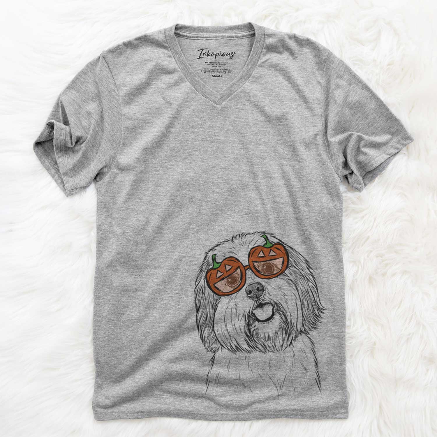 Hand-drawn sketch of Nikka the Lowchen wearing pumpkin glasses on a Grey pumpkin collection