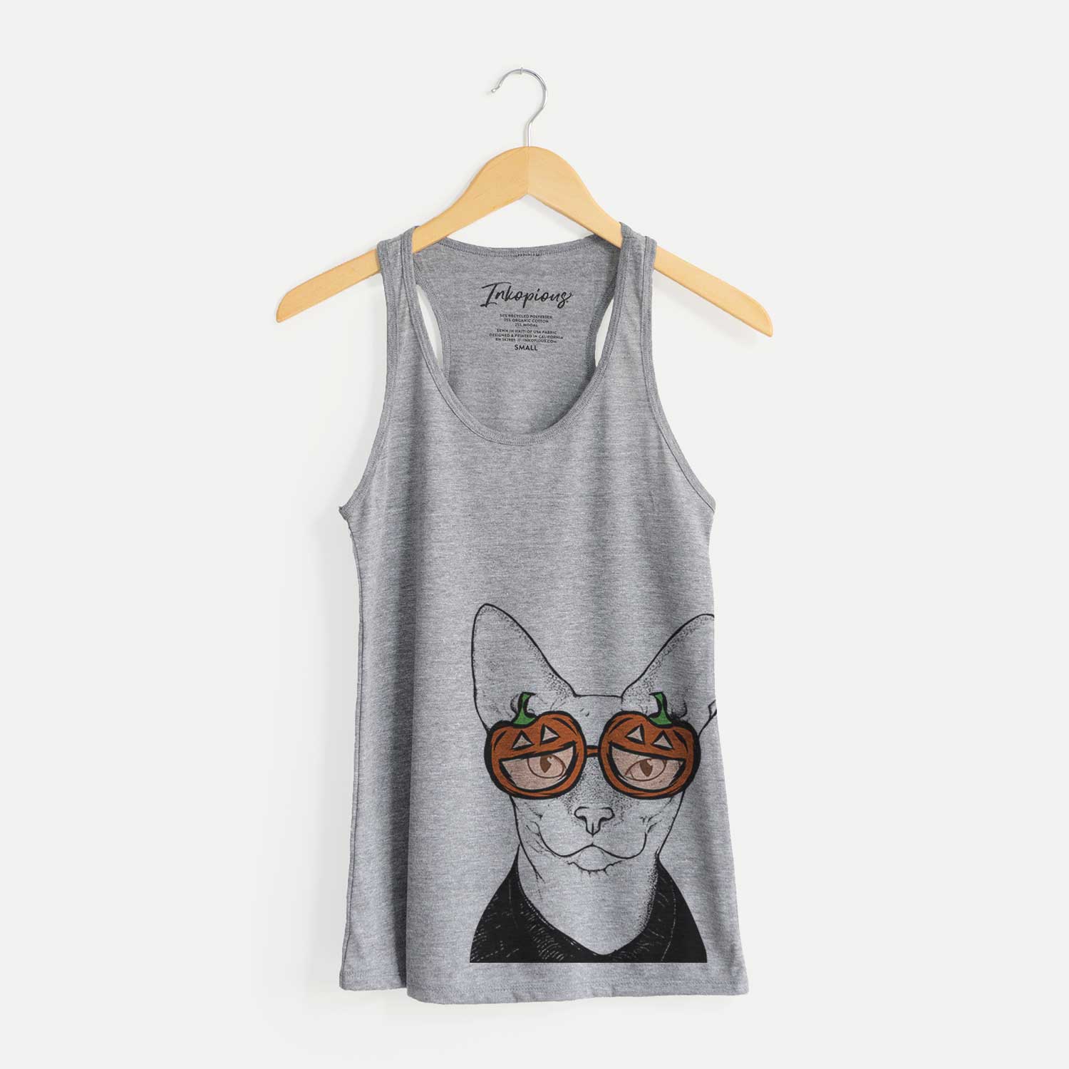 Hand-drawn sketch of Oliver Watson the Sphynx Cat wearing pumpkin glasses on a Grey pumpkin collection
