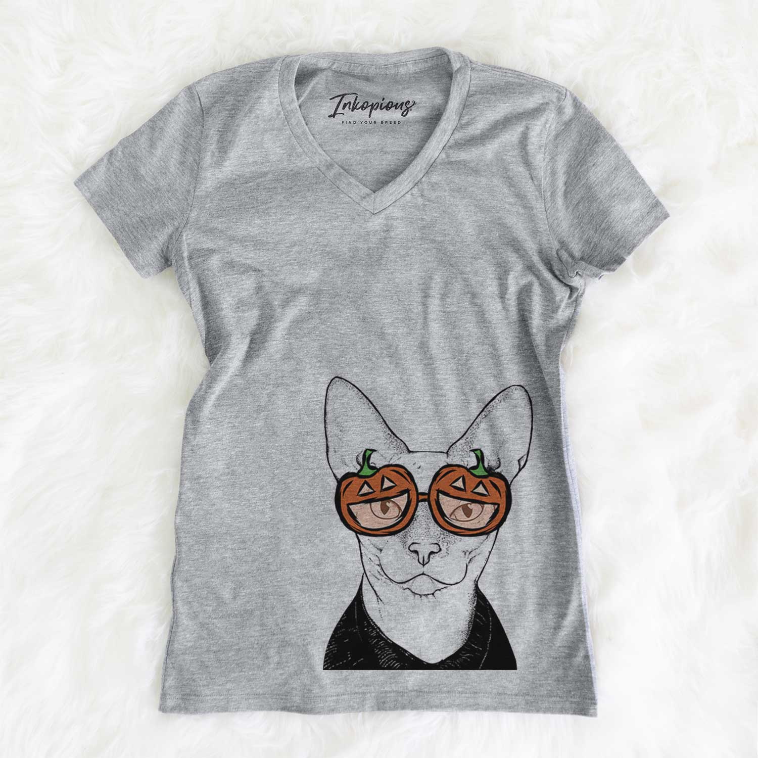 Hand-drawn sketch of Oliver Watson the Sphynx Cat wearing pumpkin glasses on a Grey pumpkin collection