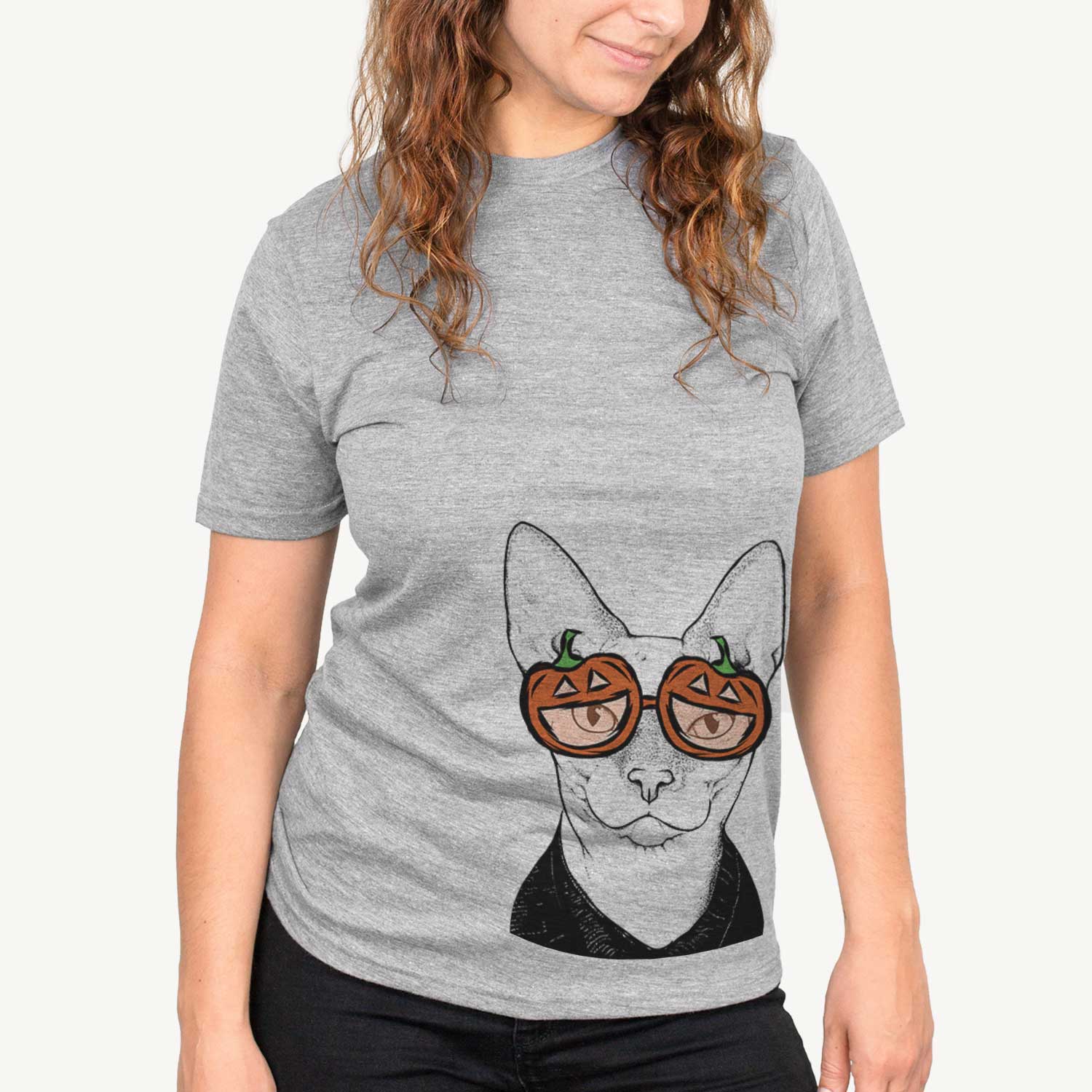 Hand-drawn sketch of Oliver Watson the Sphynx Cat wearing pumpkin glasses on a Grey pumpkin collection