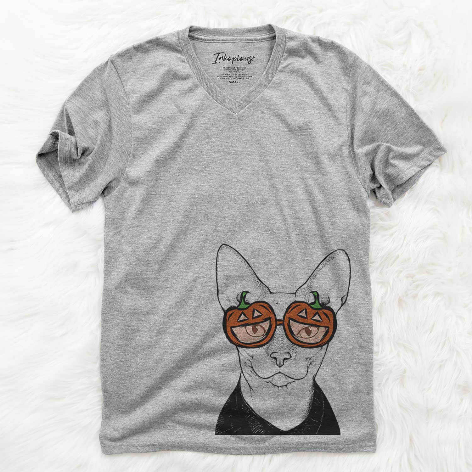 Hand-drawn sketch of Oliver Watson the Sphynx Cat wearing pumpkin glasses on a Grey pumpkin collection