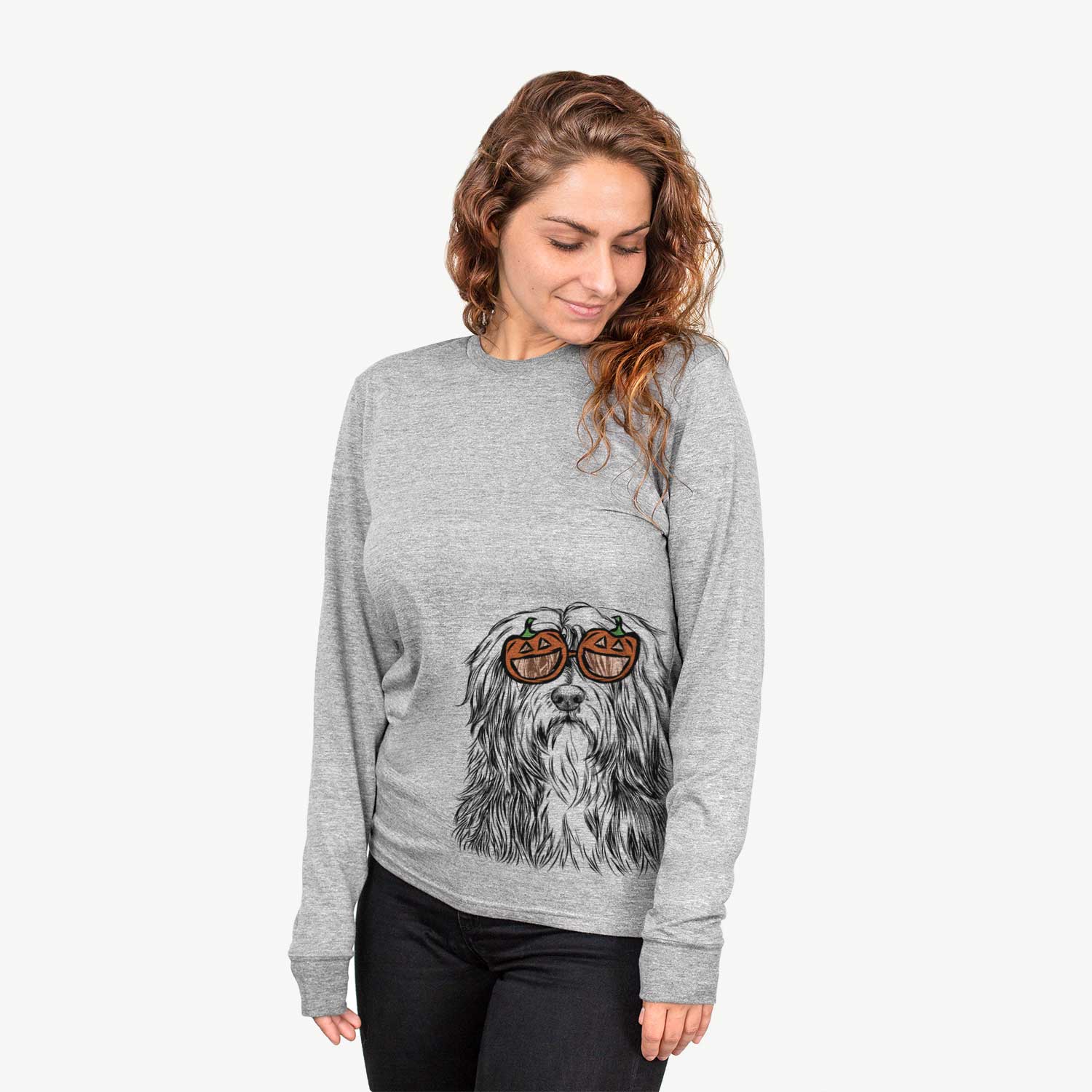 Hand-drawn sketch of Otto the Polish Lowland Sheepdog wearing pumpkin glasses on a Grey pumpkin collection