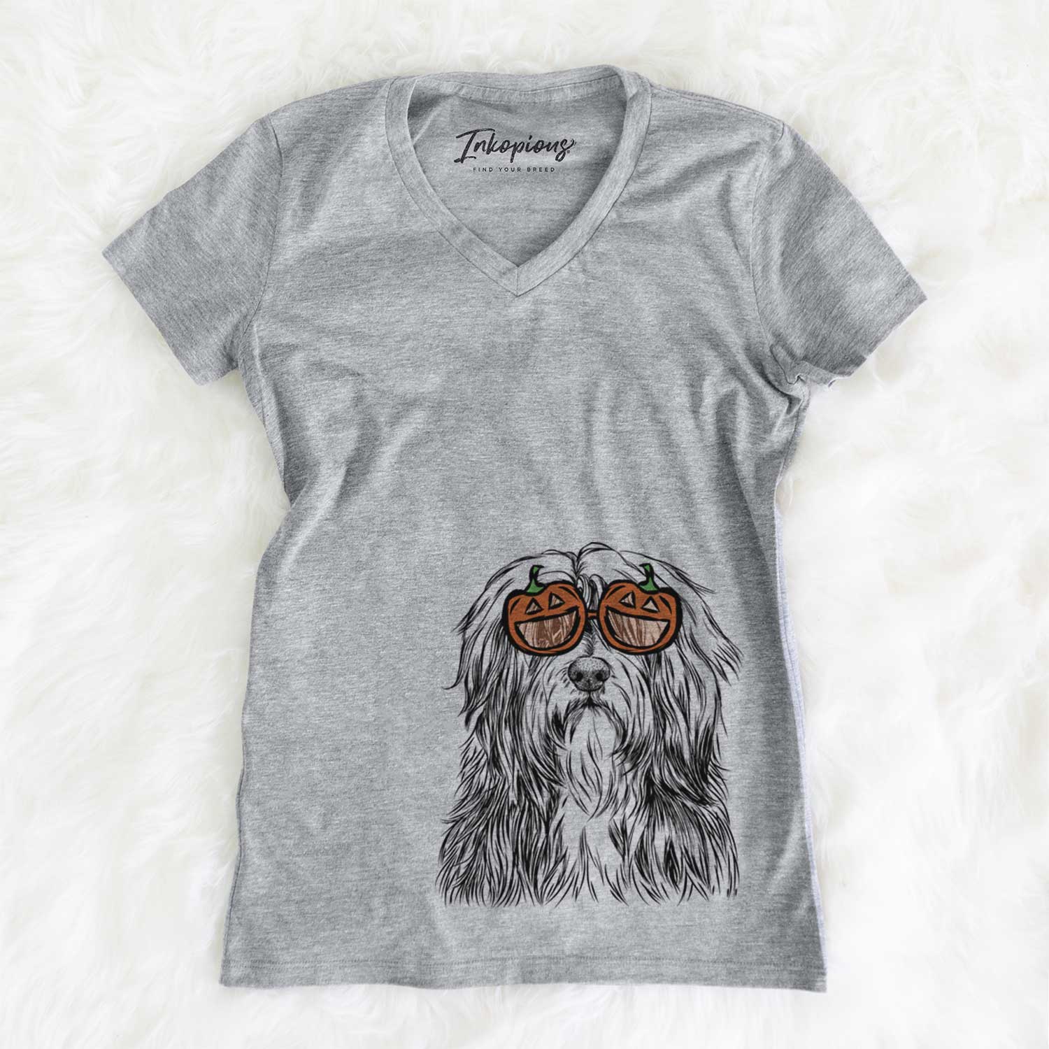 Hand-drawn sketch of Otto the Polish Lowland Sheepdog wearing pumpkin glasses on a Grey pumpkin collection