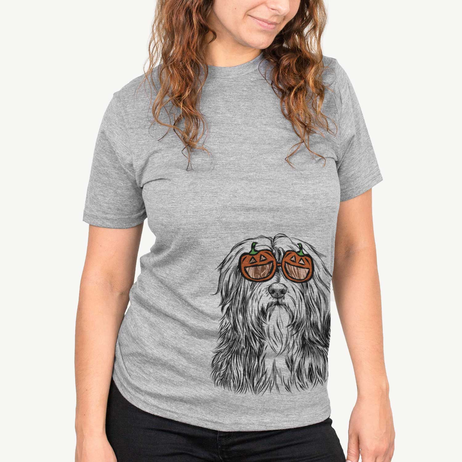 Hand-drawn sketch of Otto the Polish Lowland Sheepdog wearing pumpkin glasses on a Grey pumpkin collection