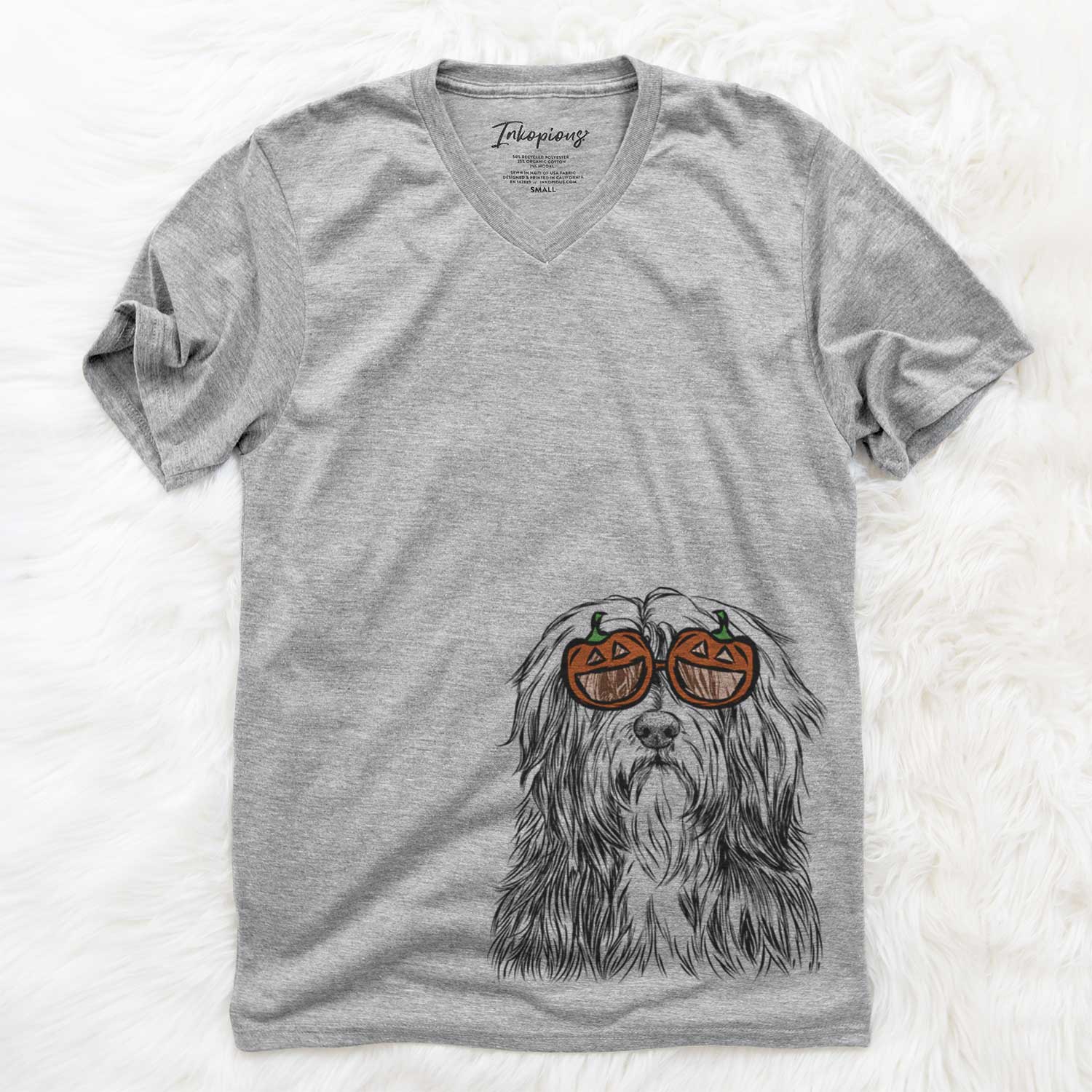 Hand-drawn sketch of Otto the Polish Lowland Sheepdog wearing pumpkin glasses on a Grey pumpkin collection