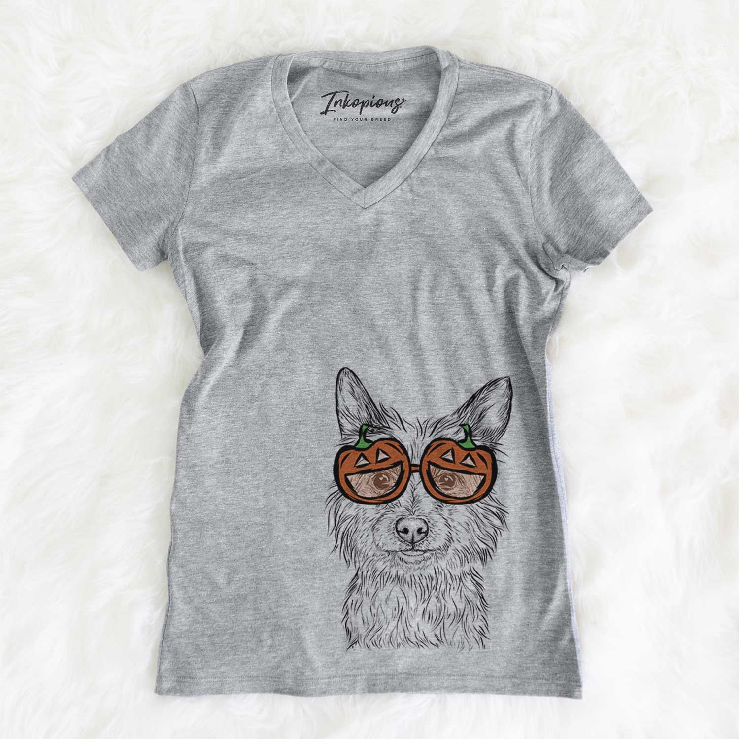 Hand-drawn sketch of Paulo the Portuguese Podengo wearing pumpkin glasses on a Grey pumpkin collection