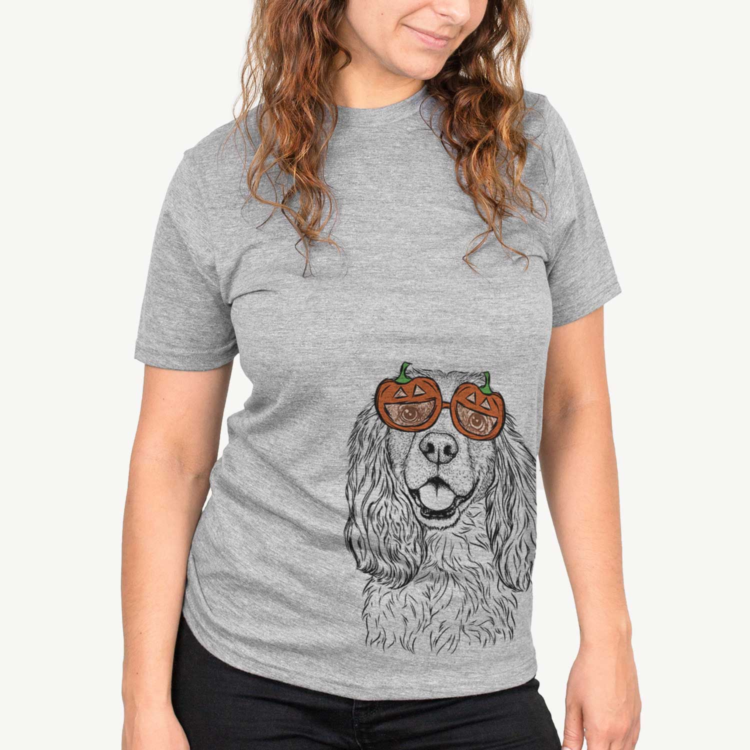 Hand-drawn sketch of Perry the Cockalier wearing pumpkin glasses on a Grey pumpkin collection