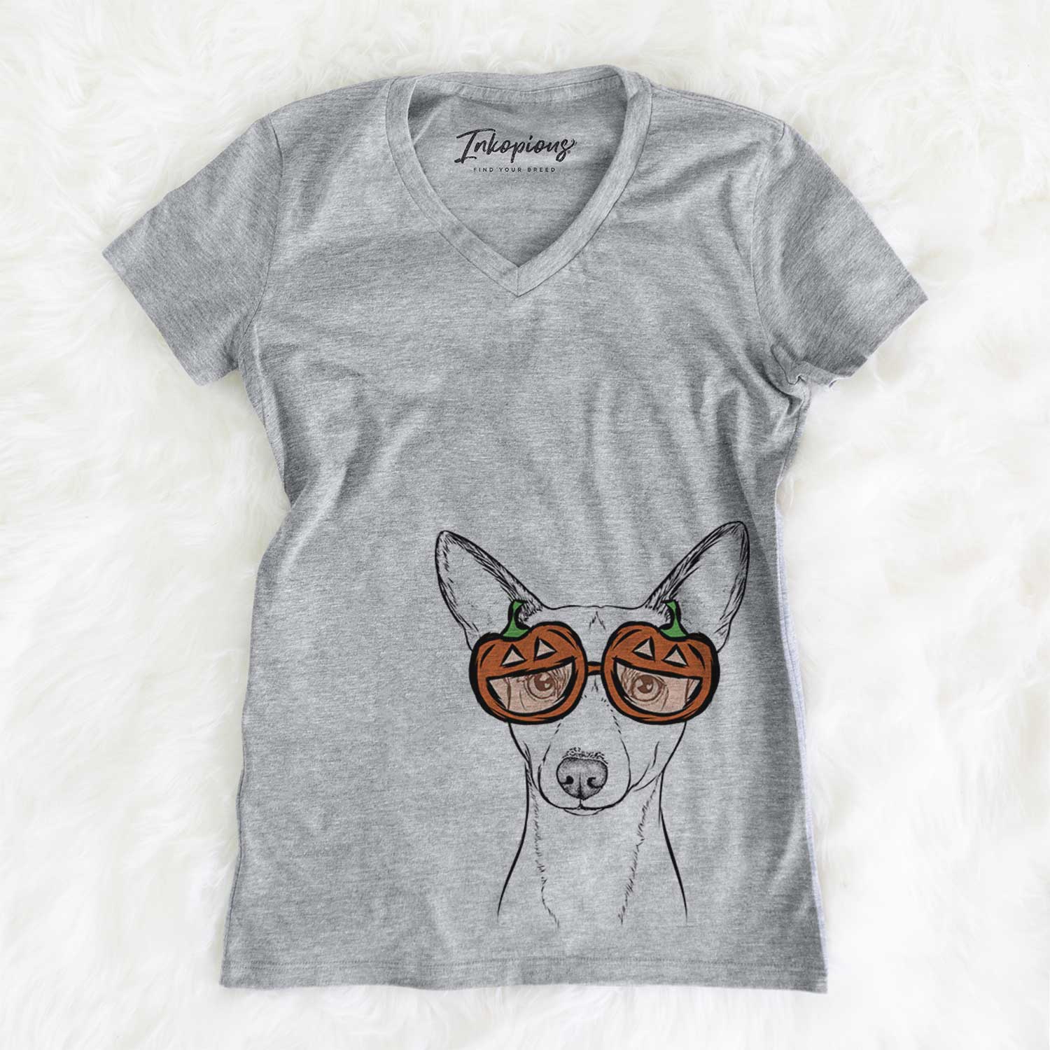 Hand-drawn sketch of Perry the Portuguese Podengo wearing pumpkin glasses on a Grey pumpkin collection