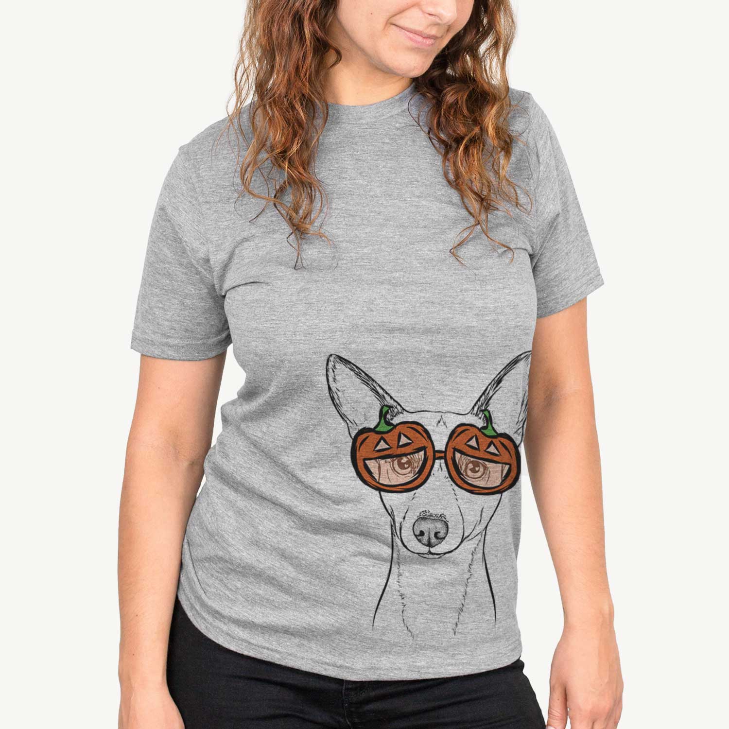 Hand-drawn sketch of Perry the Portuguese Podengo wearing pumpkin glasses on a Grey pumpkin collection