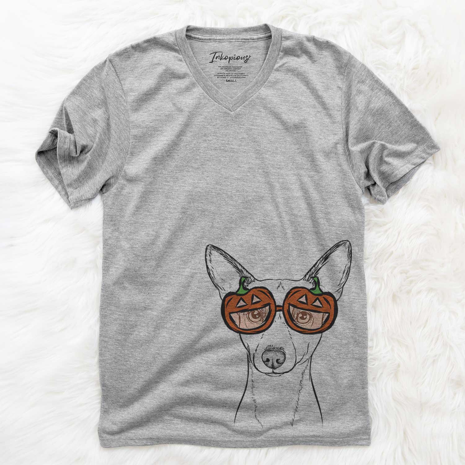 Hand-drawn sketch of Perry the Portuguese Podengo wearing pumpkin glasses on a Grey pumpkin collection