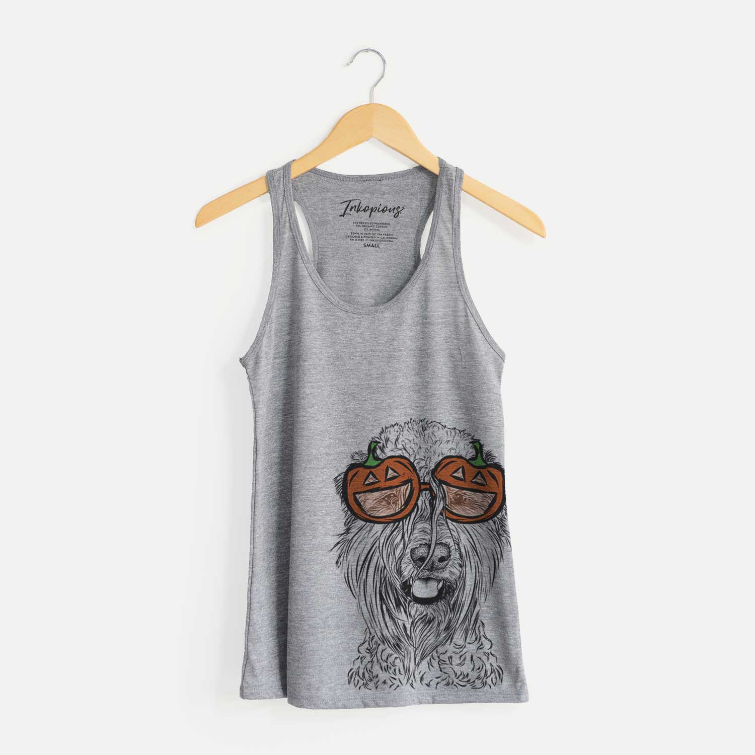 Hand-drawn sketch of Pierre the Soft Coated Wheaten Terrier wearing pumpkin glasses on a Grey pumpkin collection
