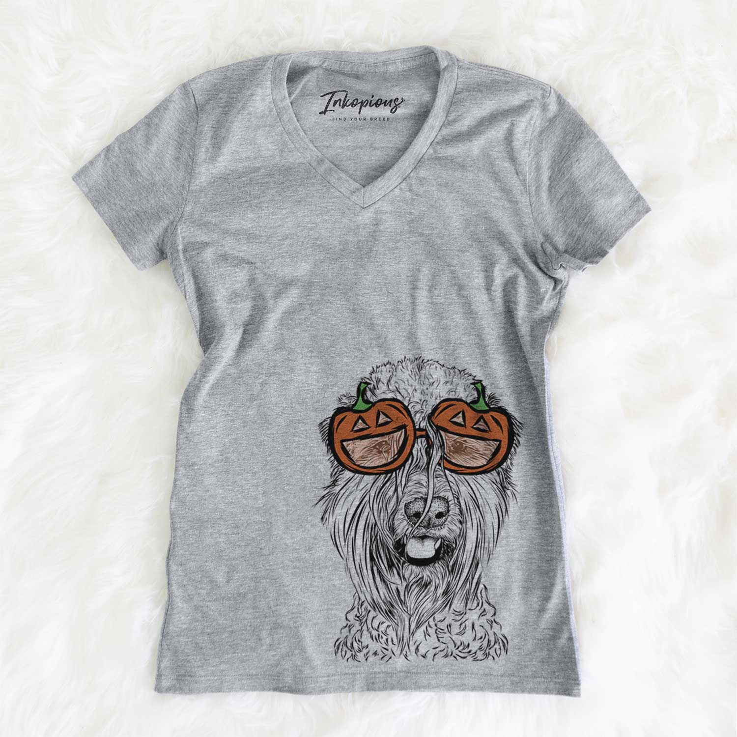 Hand-drawn sketch of Pierre the Soft Coated Wheaten Terrier wearing pumpkin glasses on a Grey pumpkin collection