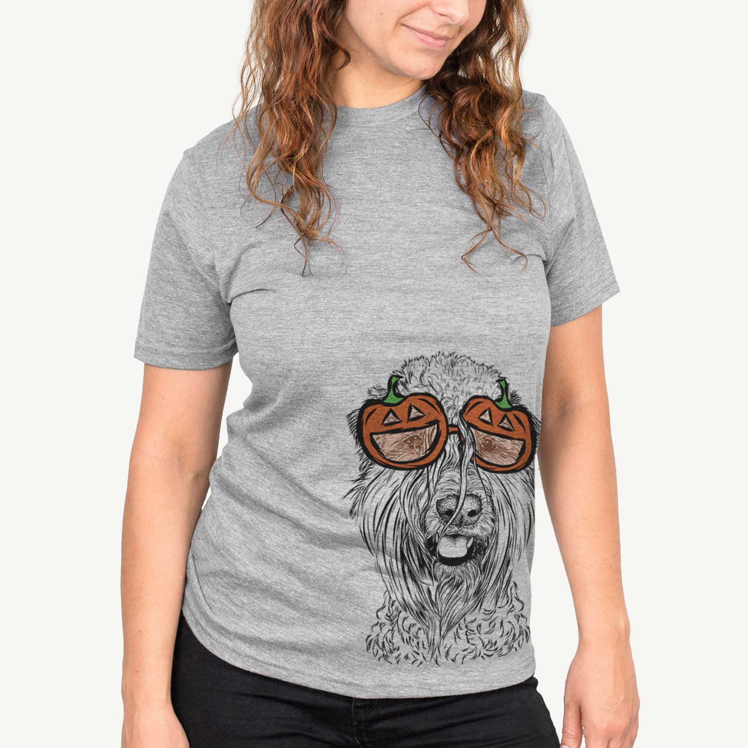 Hand-drawn sketch of Pierre the Soft Coated Wheaten Terrier wearing pumpkin glasses on a Grey pumpkin collection