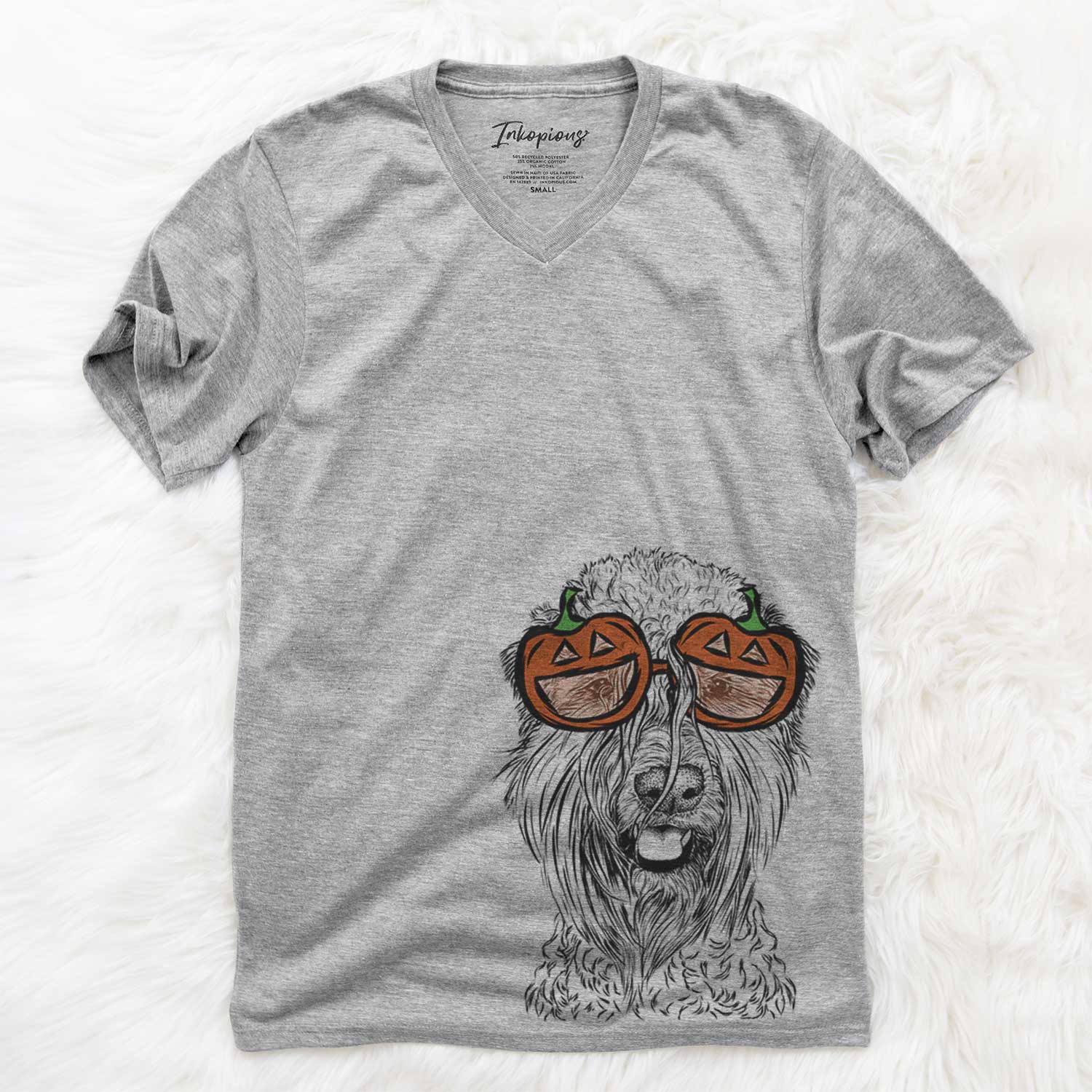 Hand-drawn sketch of Pierre the Soft Coated Wheaten Terrier wearing pumpkin glasses on a Grey pumpkin collection