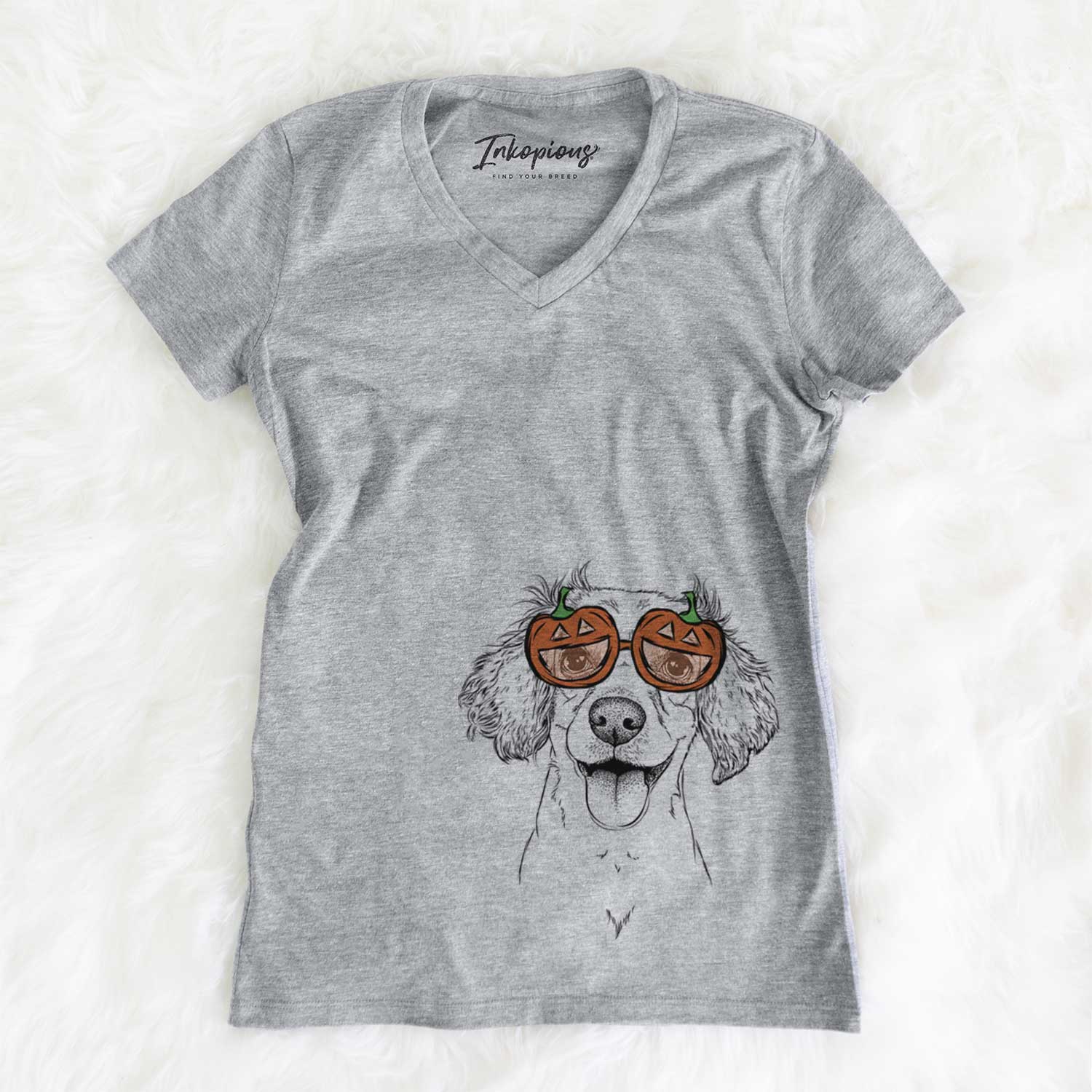 Hand-drawn sketch of Piglet the Dachshund Mix wearing pumpkin glasses on a Grey pumpkin collection