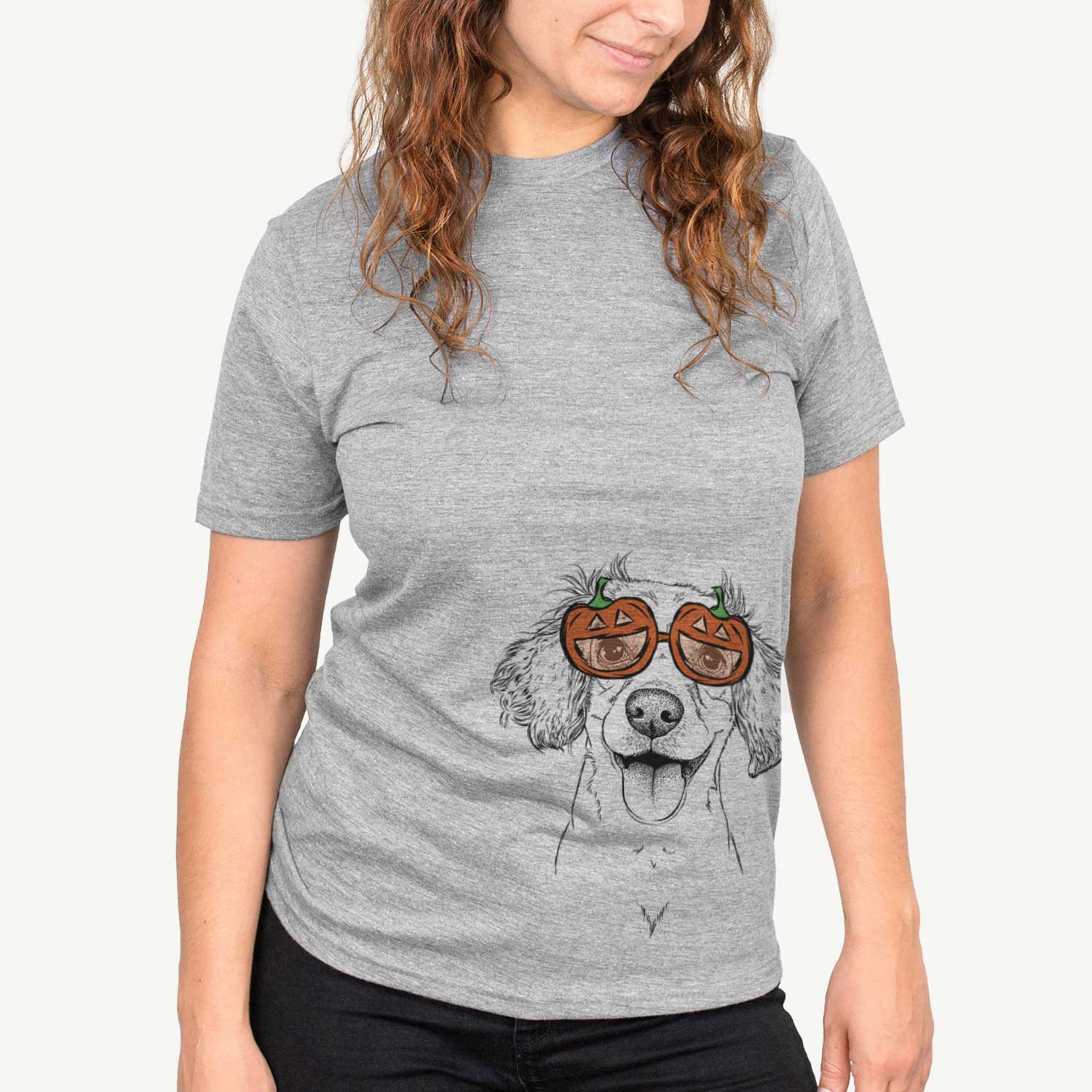 Hand-drawn sketch of Piglet the Dachshund Mix wearing pumpkin glasses on a Grey pumpkin collection