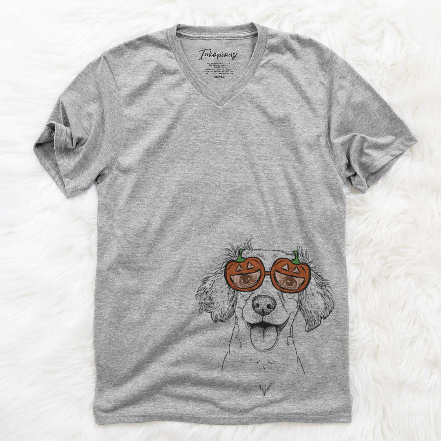 Hand-drawn sketch of Piglet the Dachshund Mix wearing pumpkin glasses on a Grey pumpkin collection