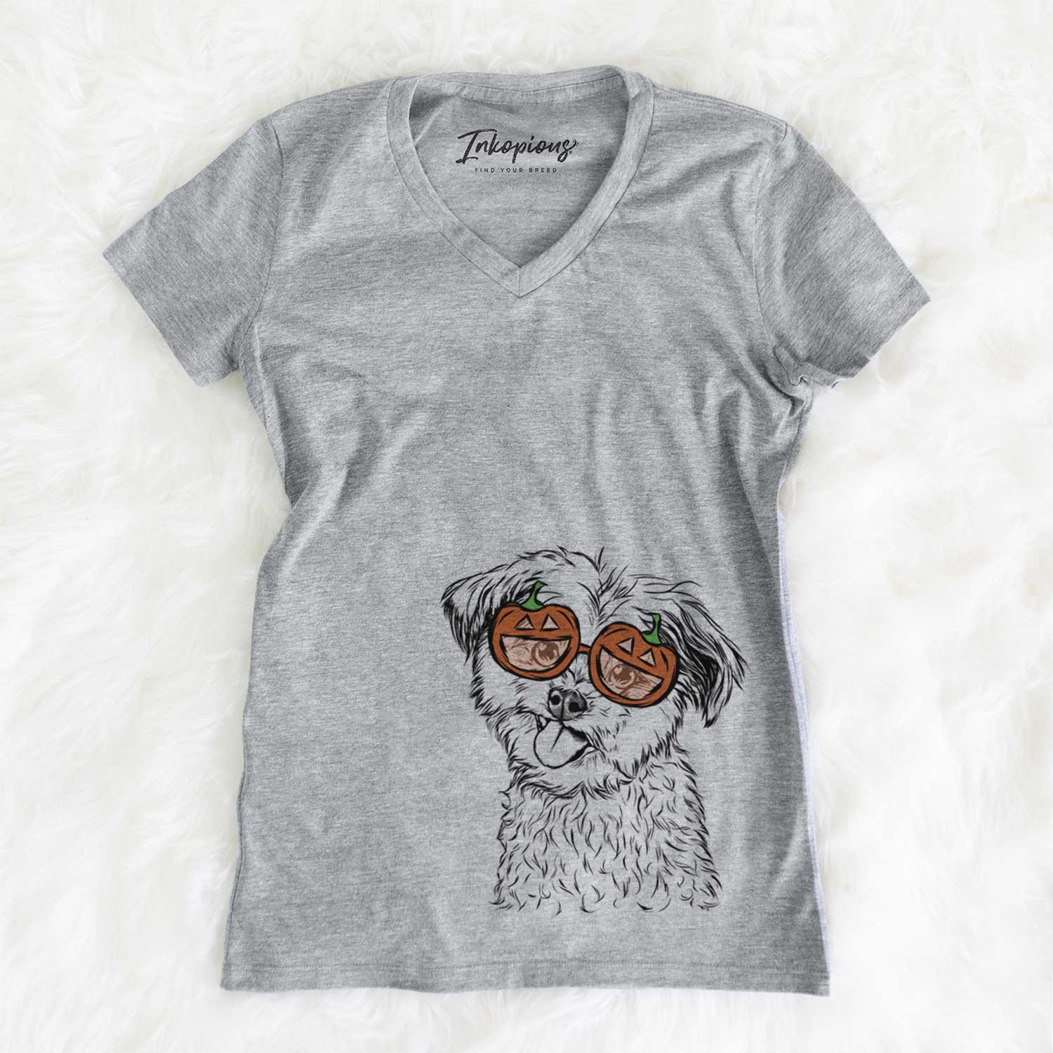 Hand-drawn sketch of Puff the Malshi wearing pumpkin glasses on a Grey pumpkin collection