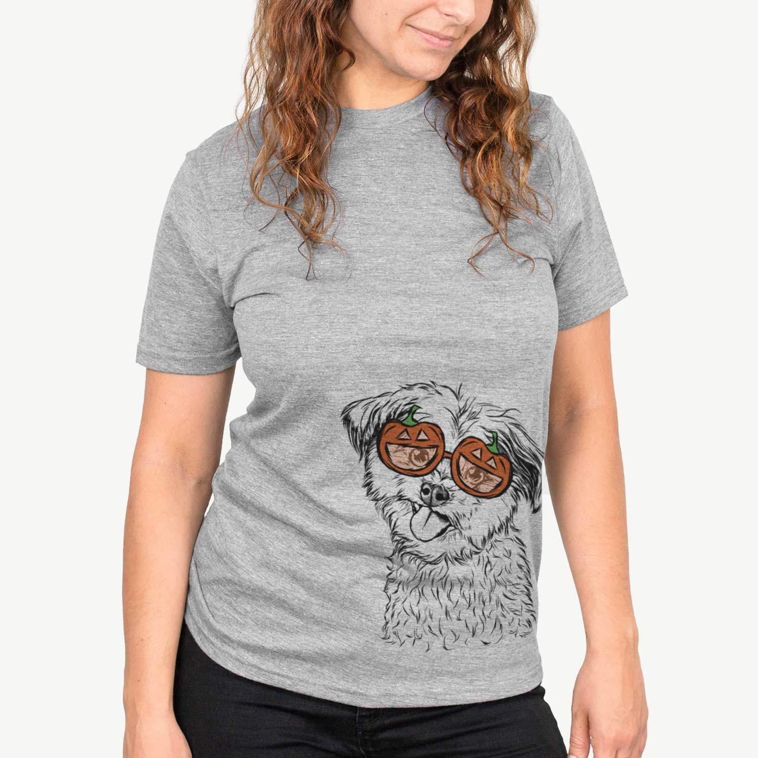 Hand-drawn sketch of Puff the Malshi wearing pumpkin glasses on a Grey pumpkin collection