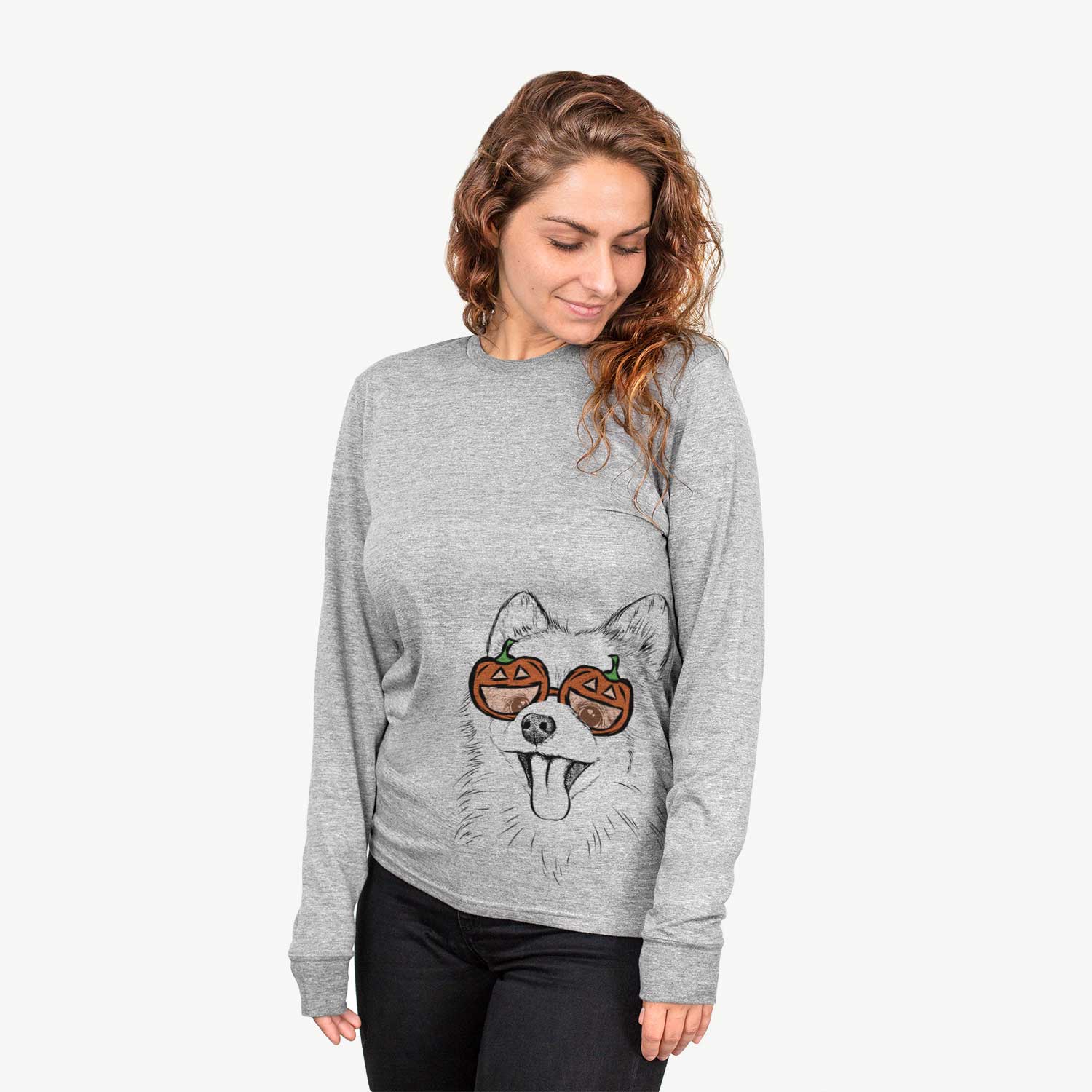 Hand-drawn sketch of Quinn the Pomeranian wearing pumpkin glasses on a Grey pumpkin collection