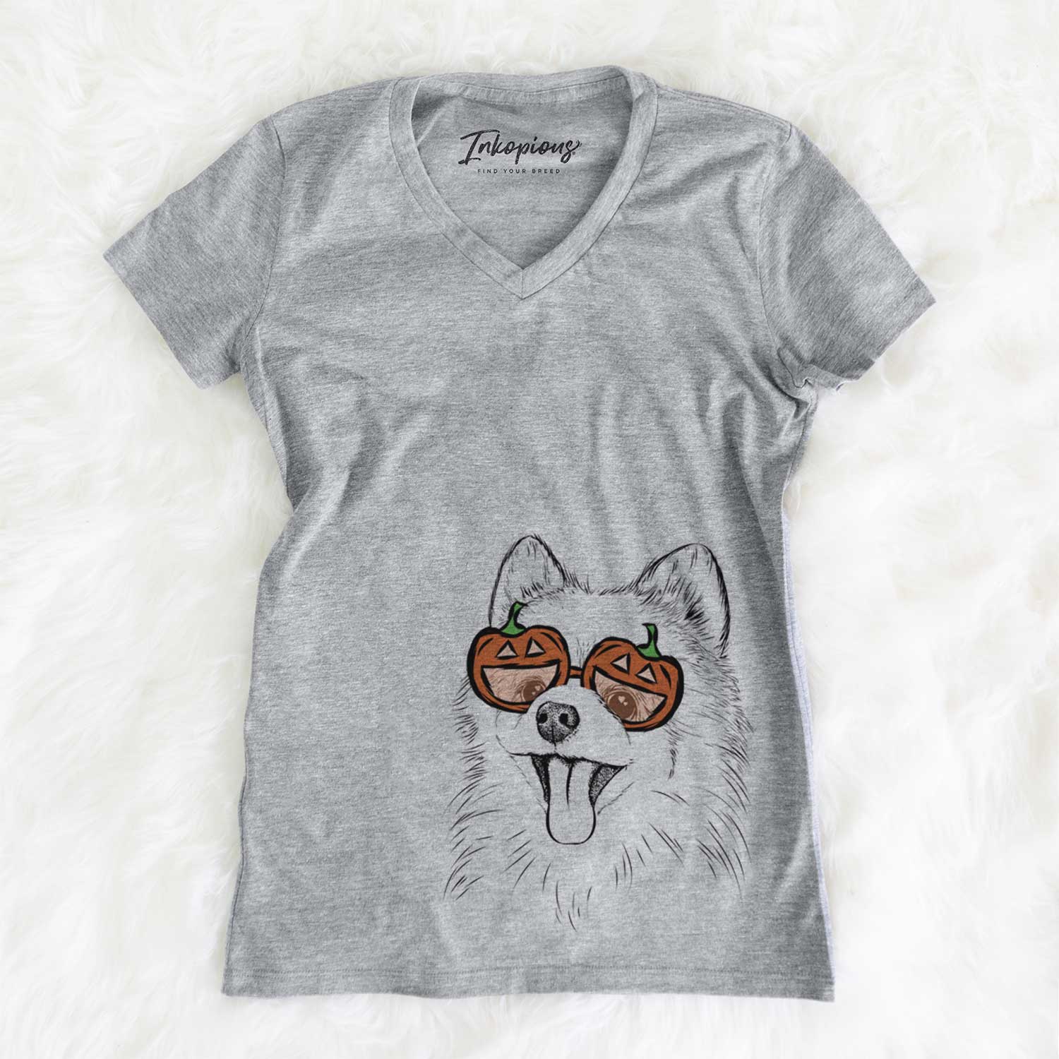Hand-drawn sketch of Quinn the Pomeranian wearing pumpkin glasses on a Grey pumpkin collection