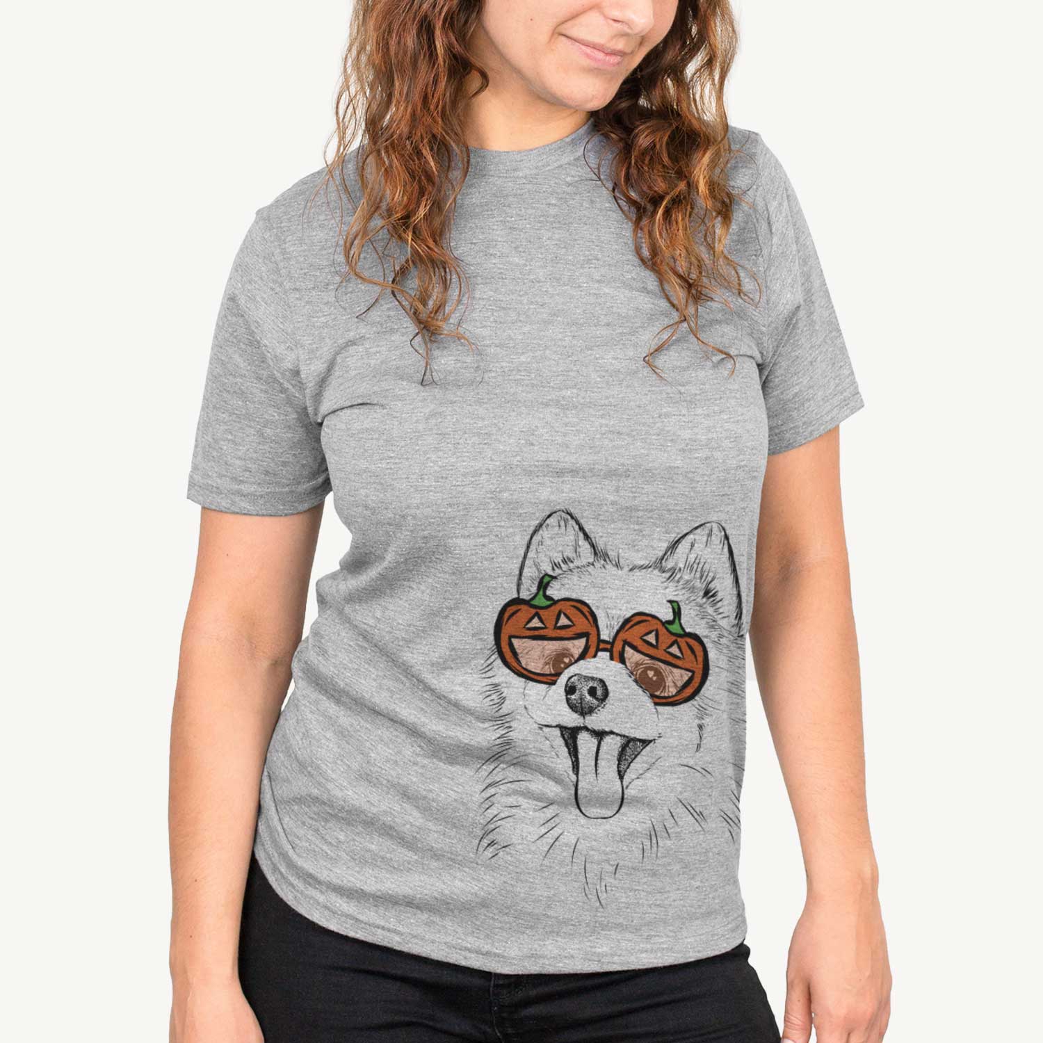 Hand-drawn sketch of Quinn the Pomeranian wearing pumpkin glasses on a Grey pumpkin collection