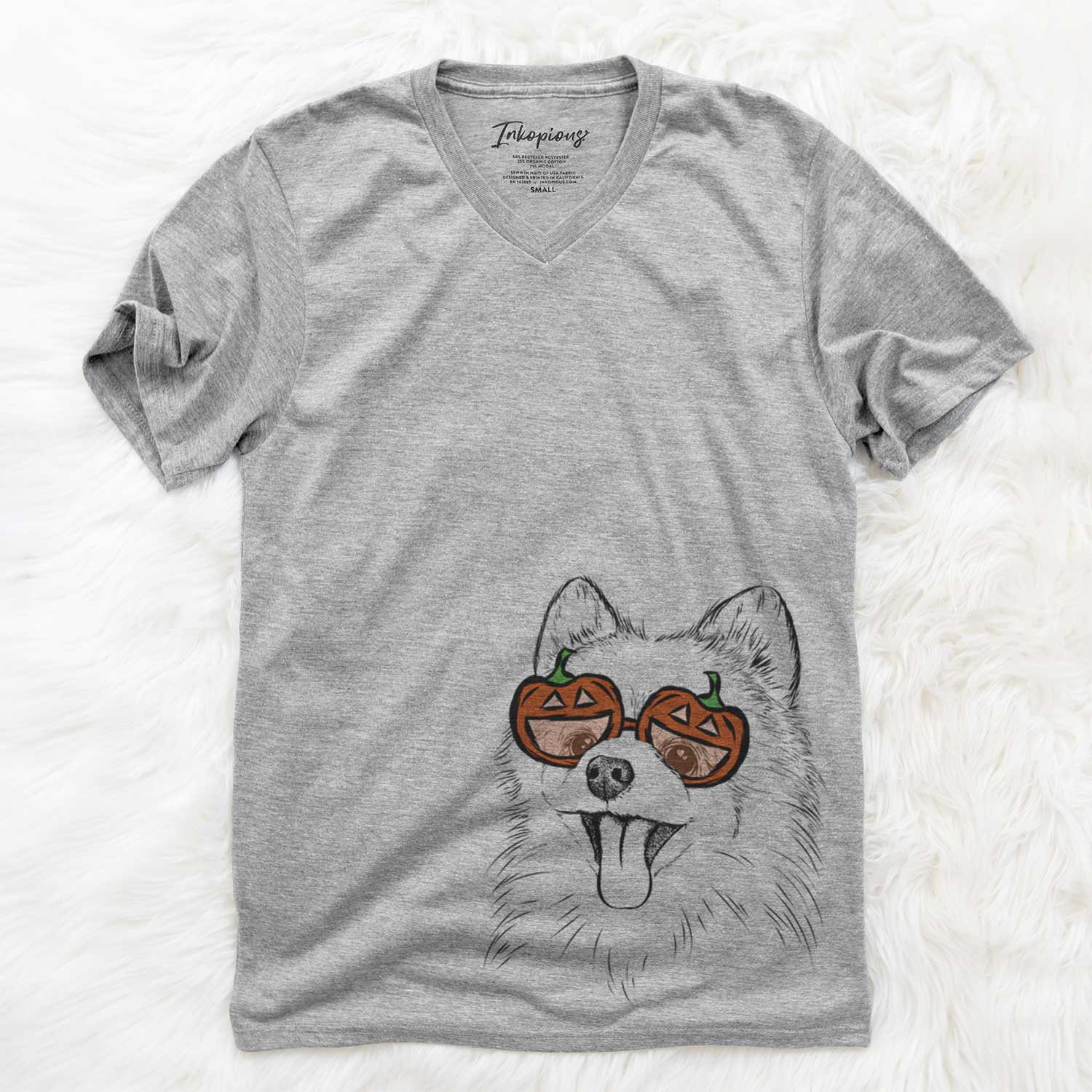 Hand-drawn sketch of Quinn the Pomeranian wearing pumpkin glasses on a Grey pumpkin collection