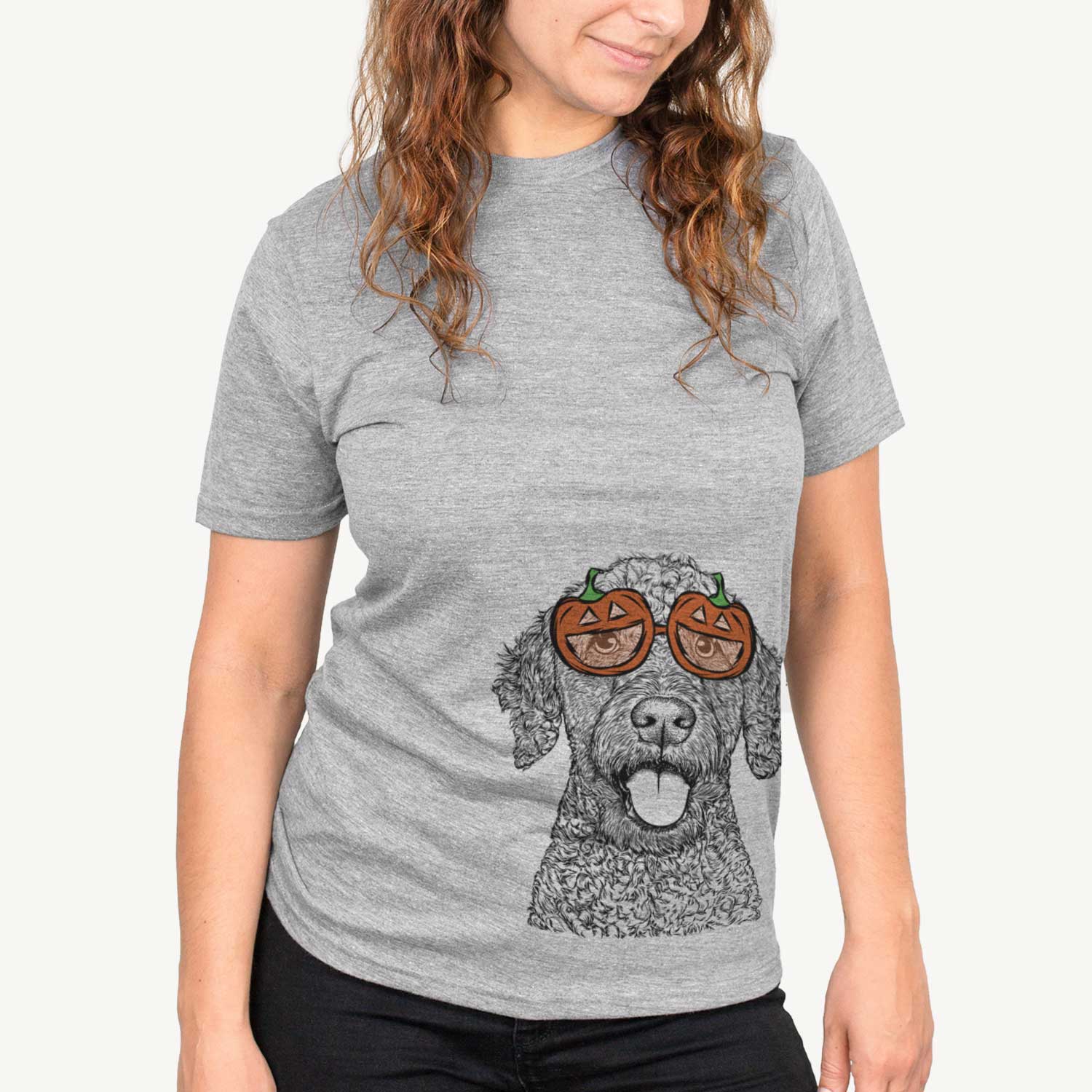 Hand-drawn sketch of Reina the Spanish Water Dog wearing pumpkin glasses on a Grey pumpkin collection