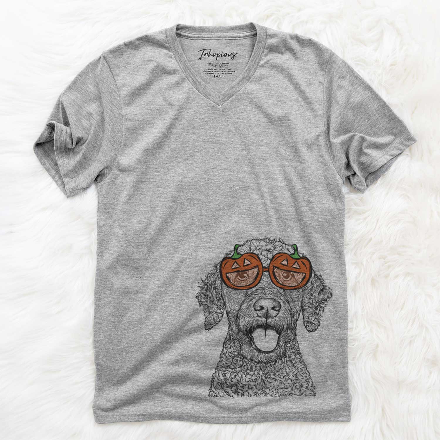 Hand-drawn sketch of Reina the Spanish Water Dog wearing pumpkin glasses on a Grey pumpkin collection