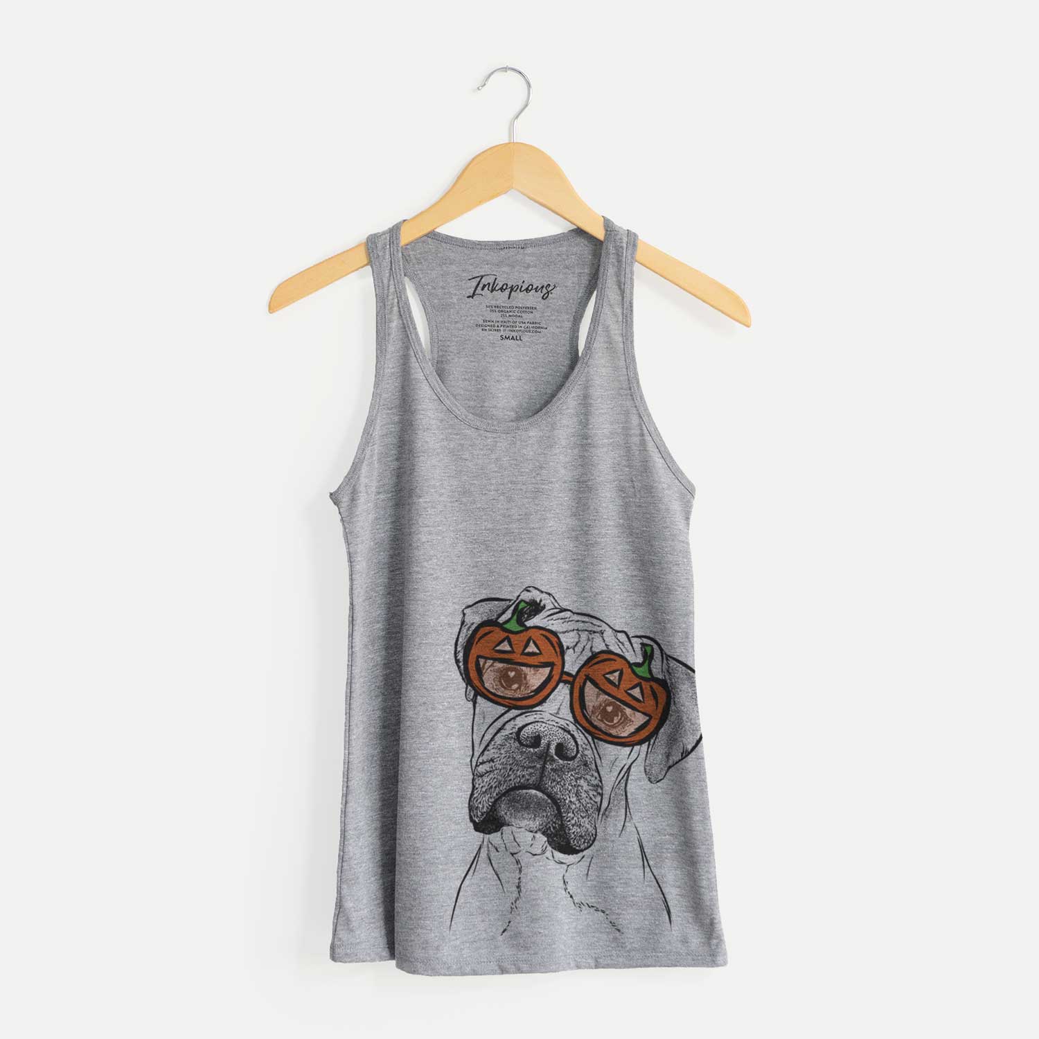 Hand-drawn sketch of Reuby the Boxer wearing pumpkin glasses on a Grey pumpkin collection