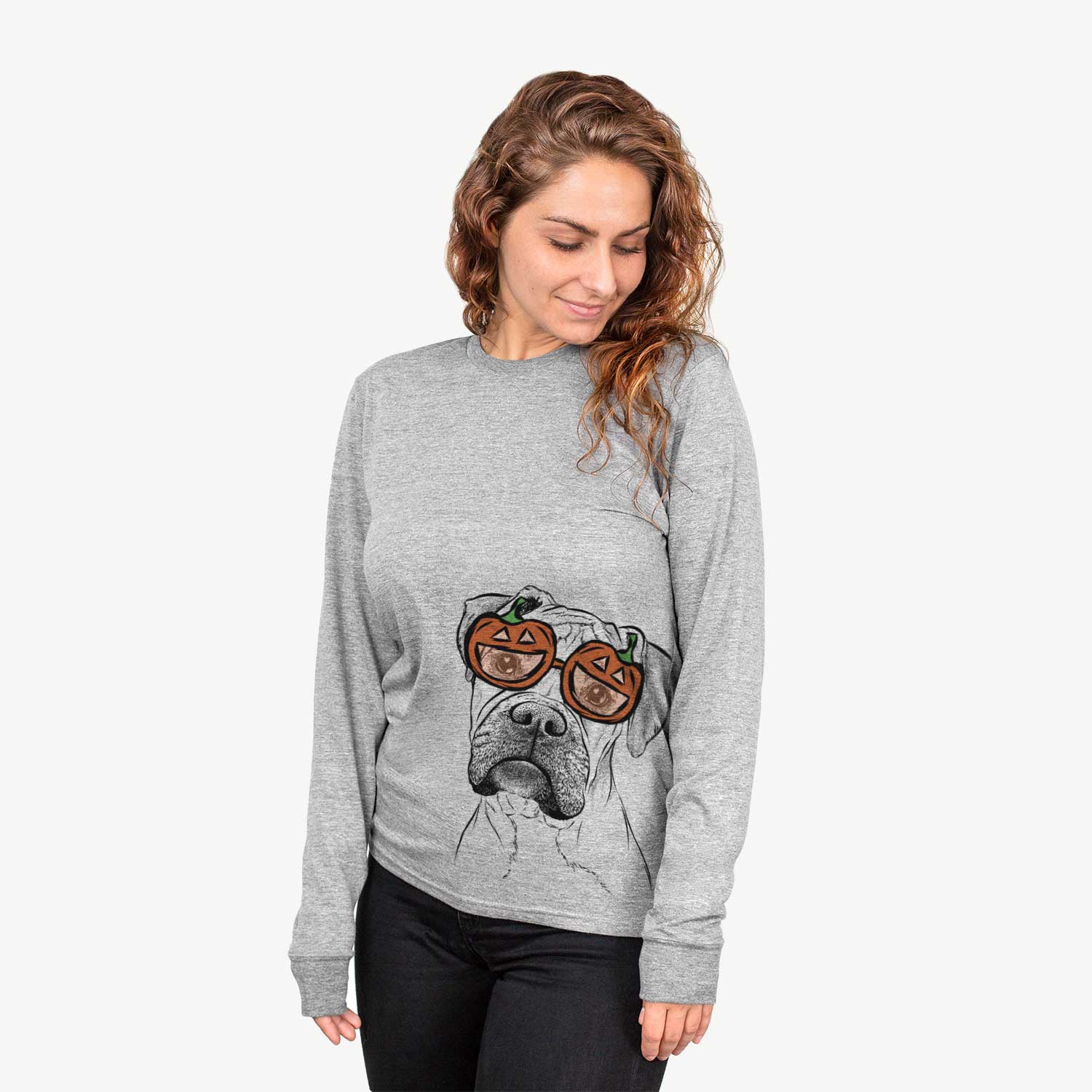 Hand-drawn sketch of Reuby the Boxer wearing pumpkin glasses on a Grey pumpkin collection