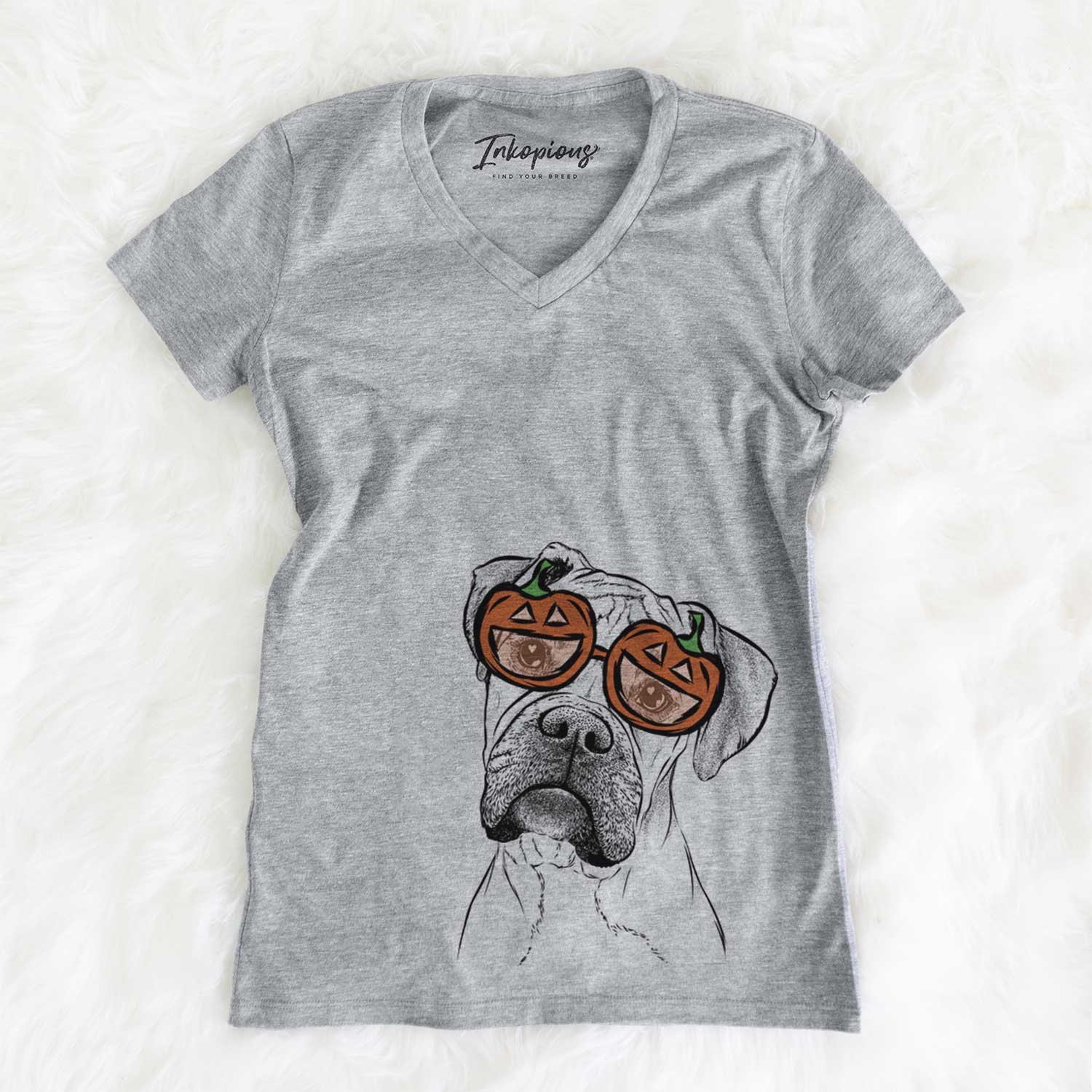 Hand-drawn sketch of Reuby the Boxer wearing pumpkin glasses on a Grey pumpkin collection