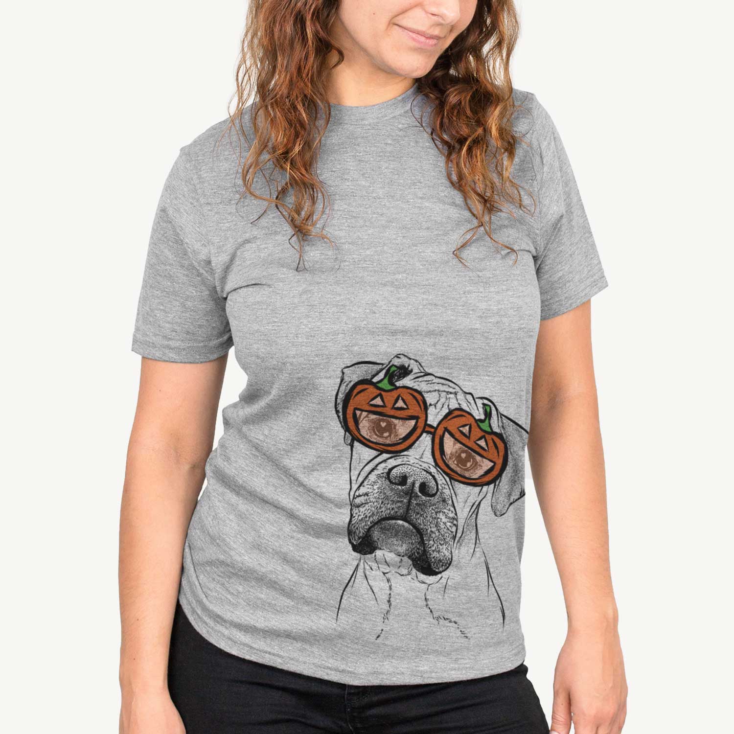 Hand-drawn sketch of Reuby the Boxer wearing pumpkin glasses on a Grey pumpkin collection