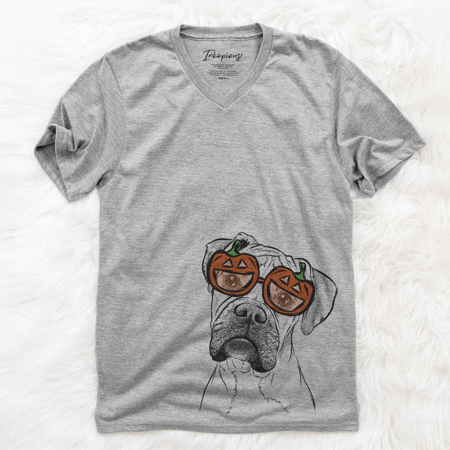 Hand-drawn sketch of Reuby the Boxer wearing pumpkin glasses on a Grey pumpkin collection