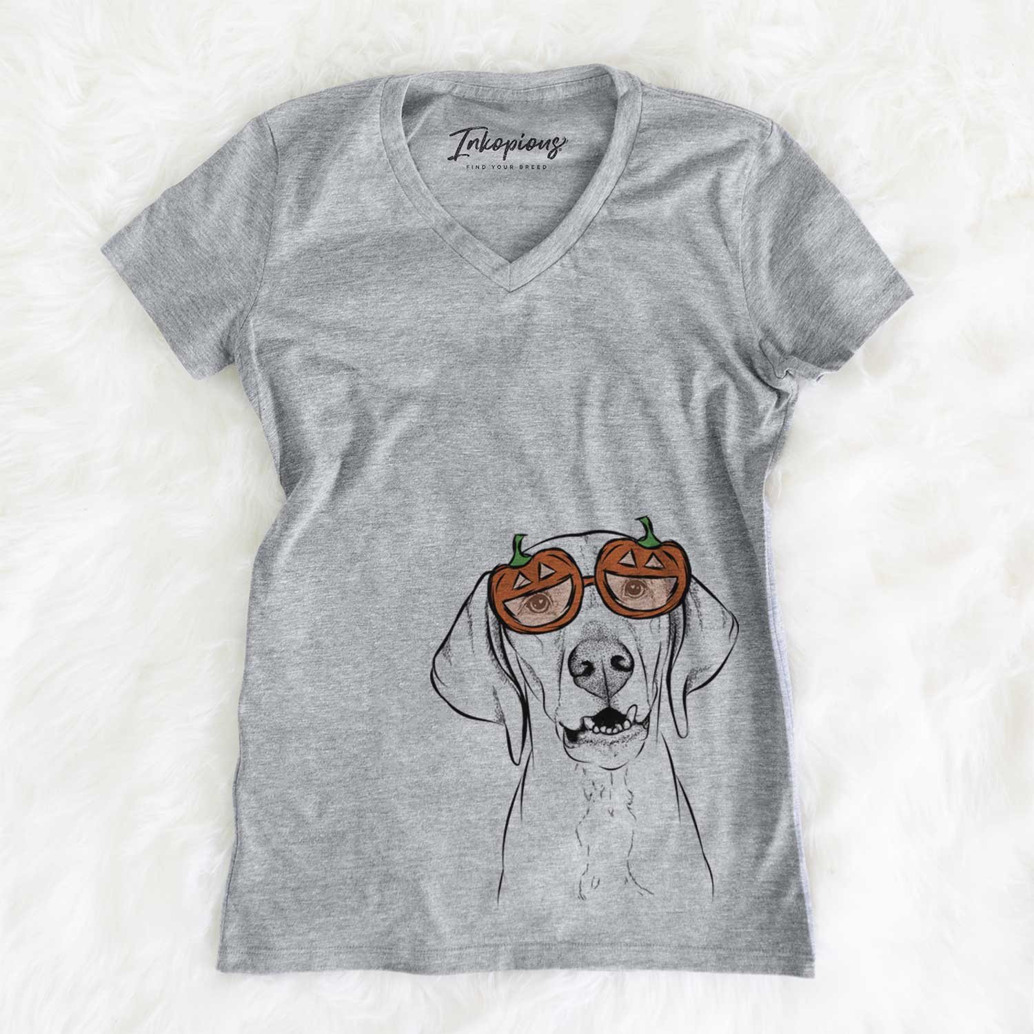 Hand-drawn sketch of Sarge the Vizsla wearing pumpkin glasses on a Grey pumpkin collection