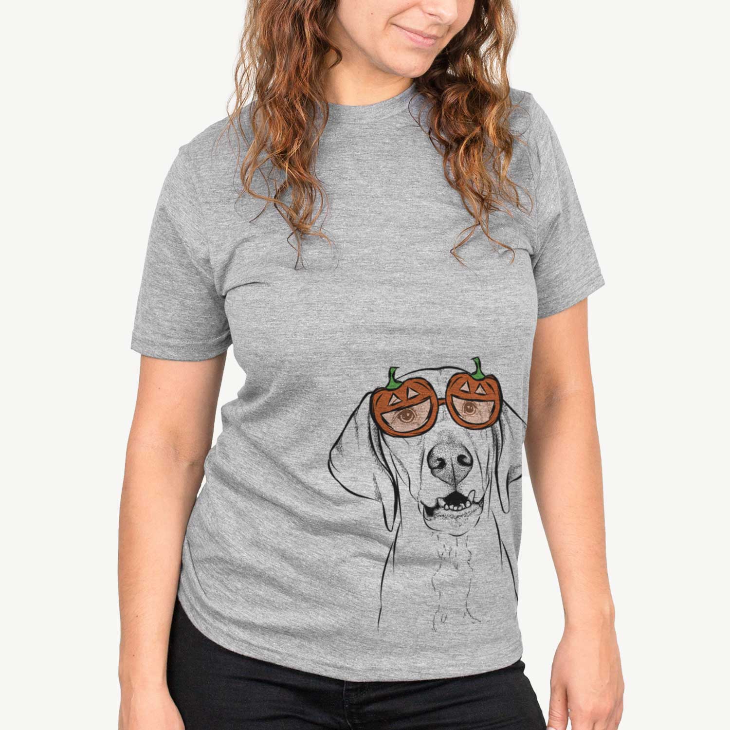 Hand-drawn sketch of Sarge the Vizsla wearing pumpkin glasses on a Grey pumpkin collection